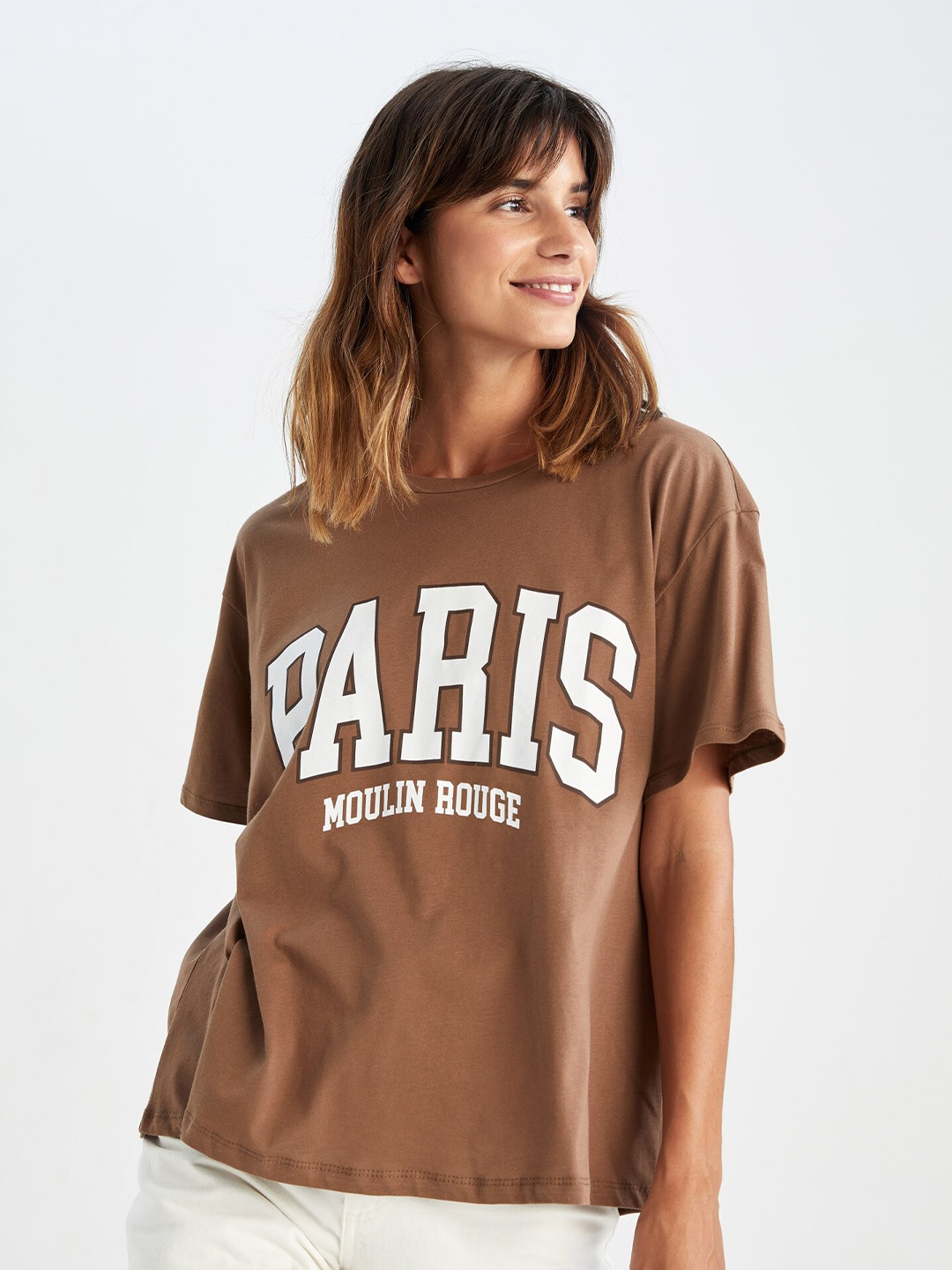 

DeFacto Typography Printed Drop Shoulder Pure Cotton T-shirt, Brown