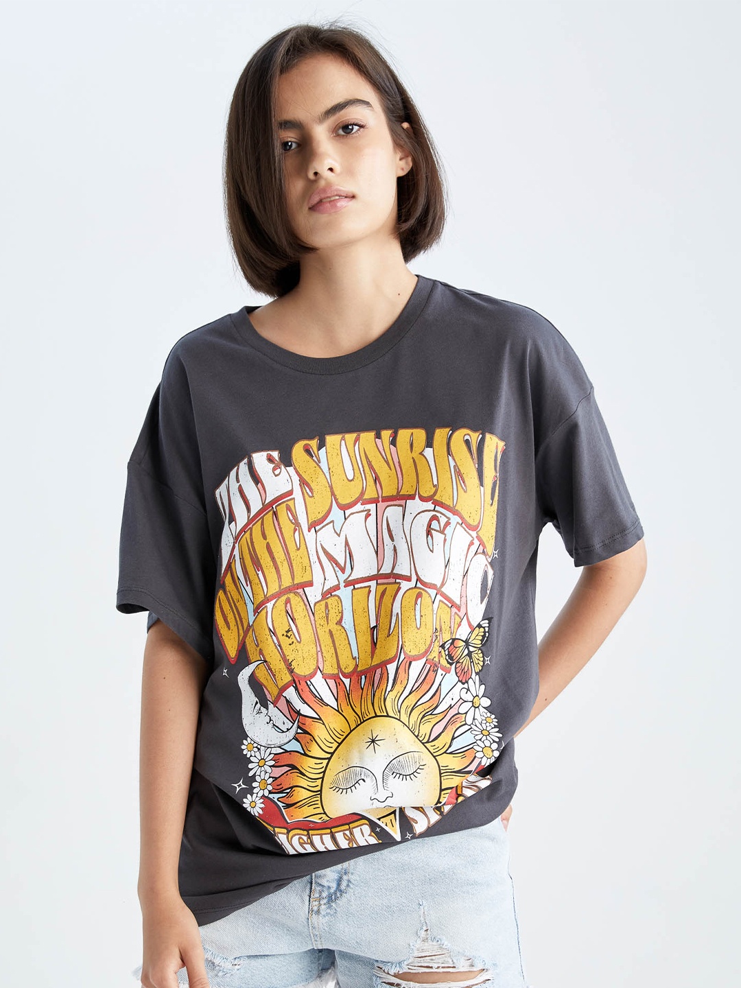 

DeFacto Typography Printed Pure Cotton Loose T-shirt, Grey