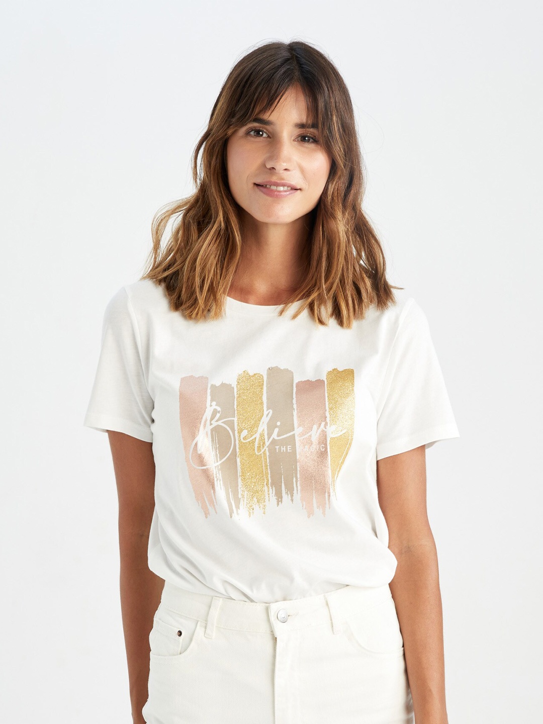 

DeFacto Women Printed Pure Cotton T-shirt, White