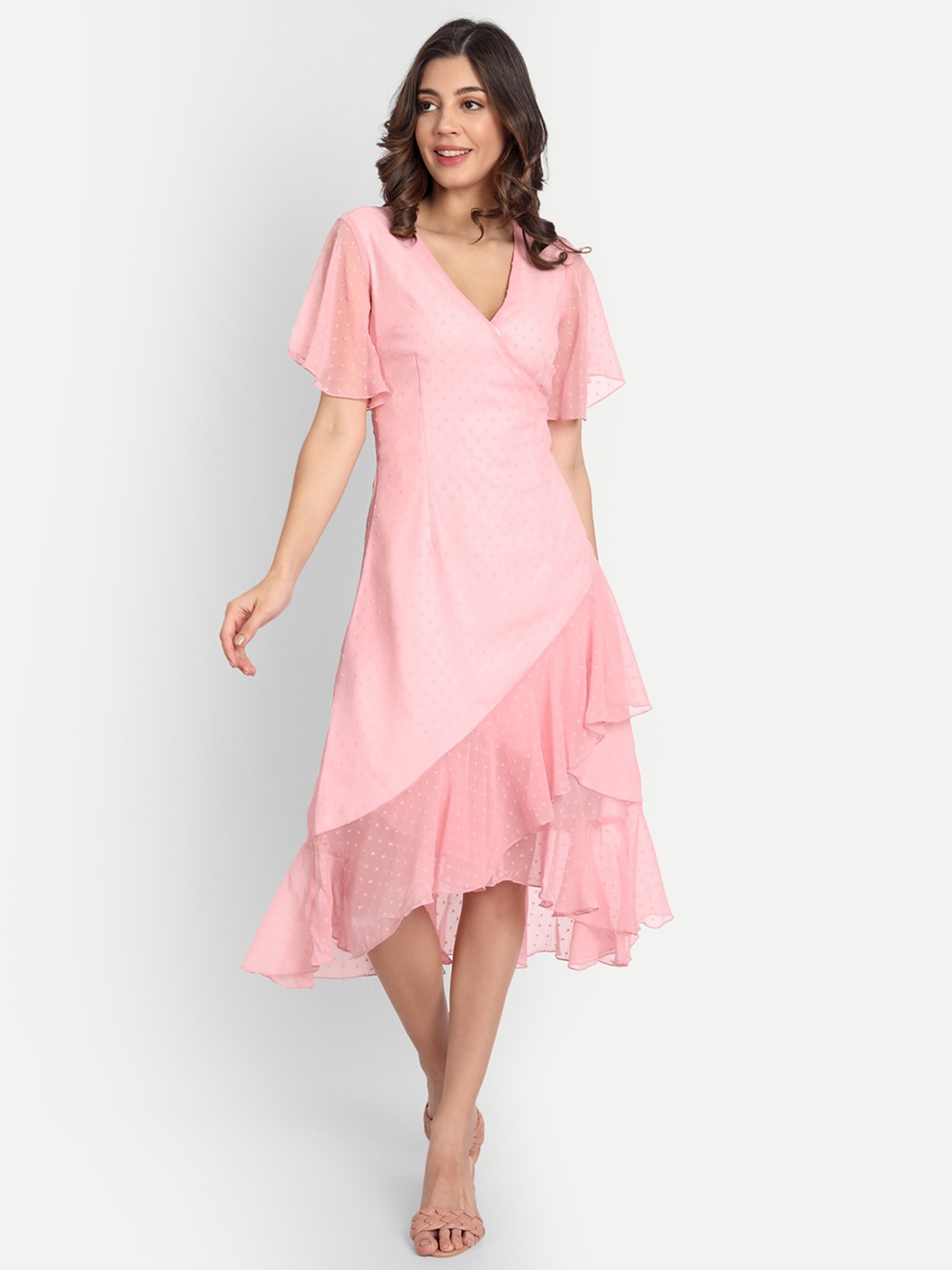

ESSQUE Self Design Flared Sleeves Ruffled Georgette Midi Wrap Dress, Pink