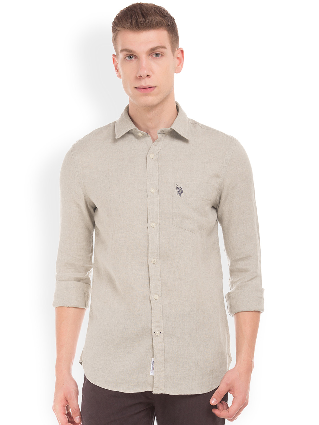 

U.S. Polo Assn. Men Beige & Grey Regular Fit Solid Semiformal Shirt