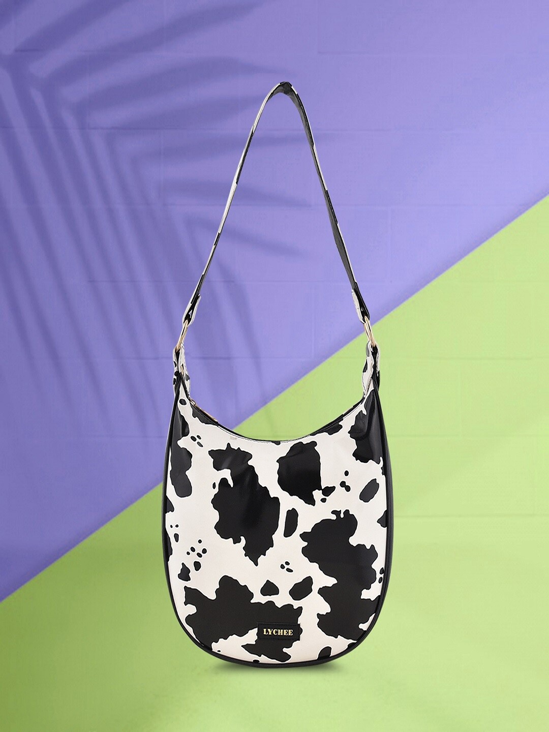 

Lychee bags Abstract Printed PU Half Moon Shoulder Bag, White