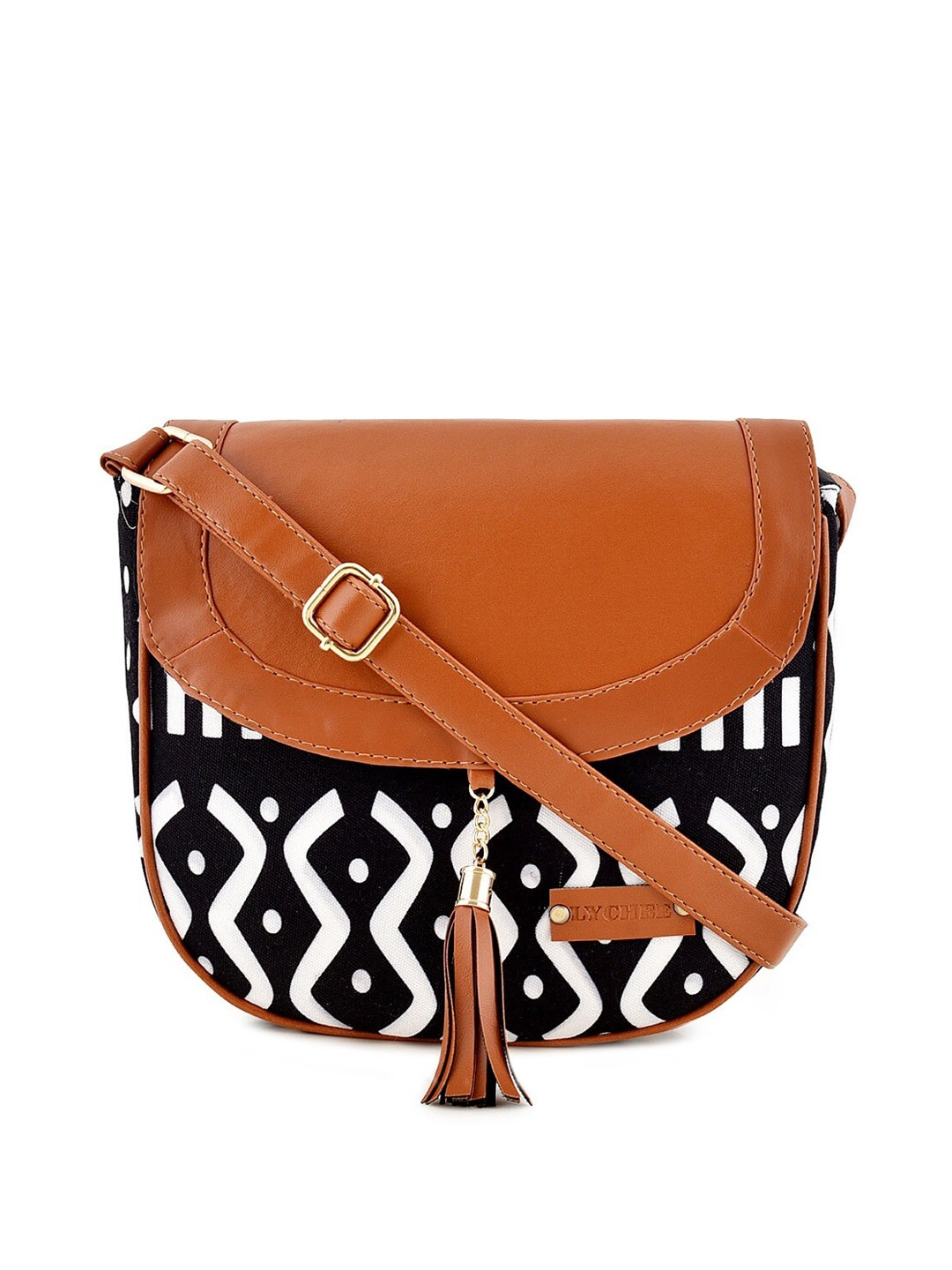 

Lychee bags Geometric Printed Tasselled Half Moon Sling Bag, White