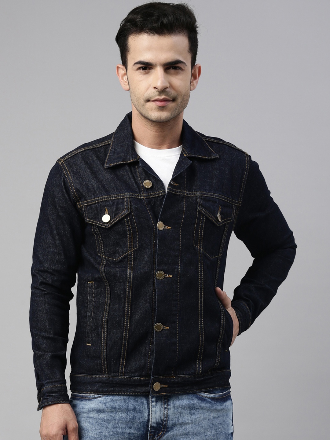 

CINOCCI Solid Spread Collar Denim Jacket, Navy blue
