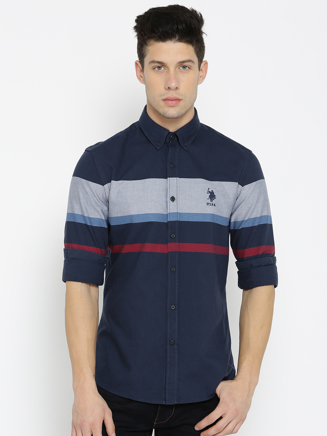 

U.S. Polo Assn. Men Navy & Grey Tailored Fit Striped Casual Shirt, Navy blue