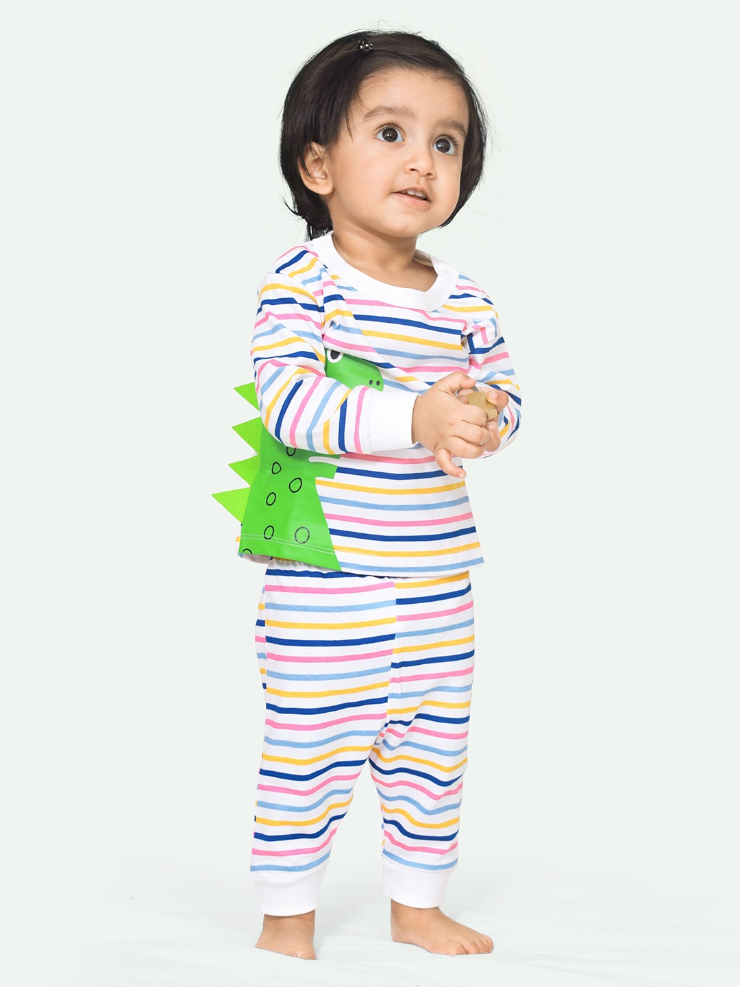 

ariel Infants Striped Cotton T-shirt with Pyjamas Clothing Set, White