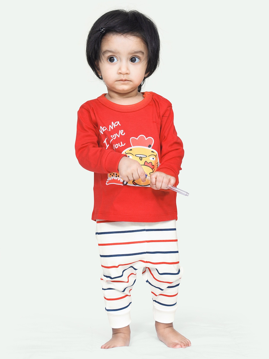 

ariel Infant Kids Printed Pure Cotton T-shirt with Pyjamas, Red