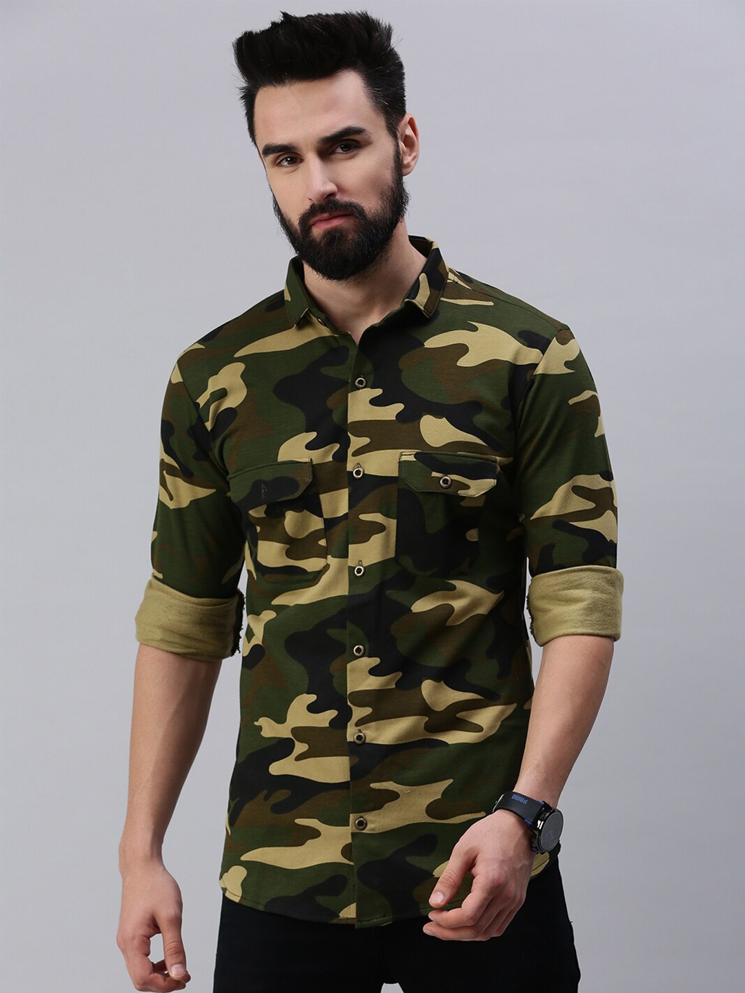 

Rodzen Standard Fit Camouflage Printed Casual Cotton Shirt, Green