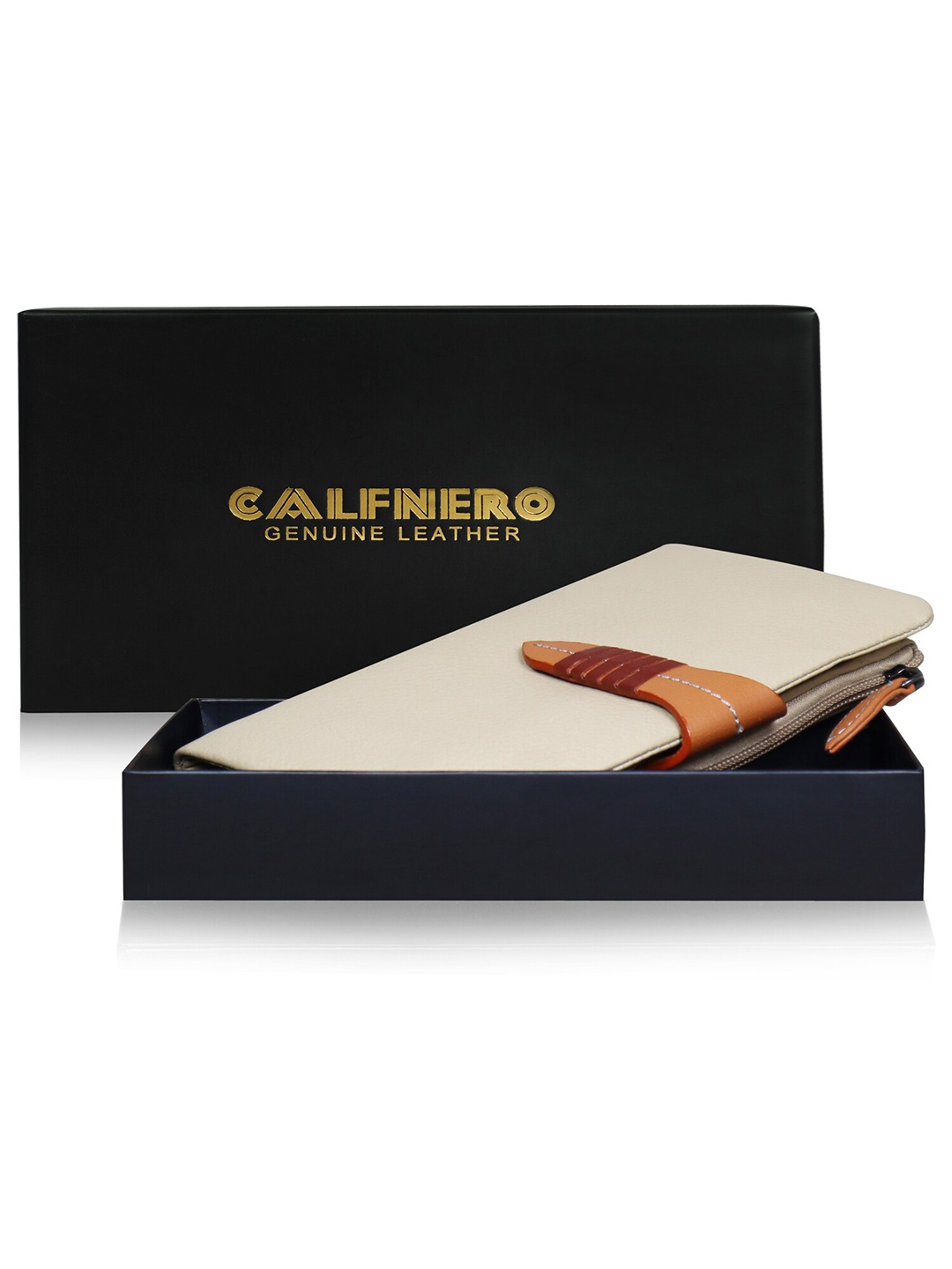 

CALFNERO Women Genuine Leather Two Fold Wallet with SD Card Holder, Beige