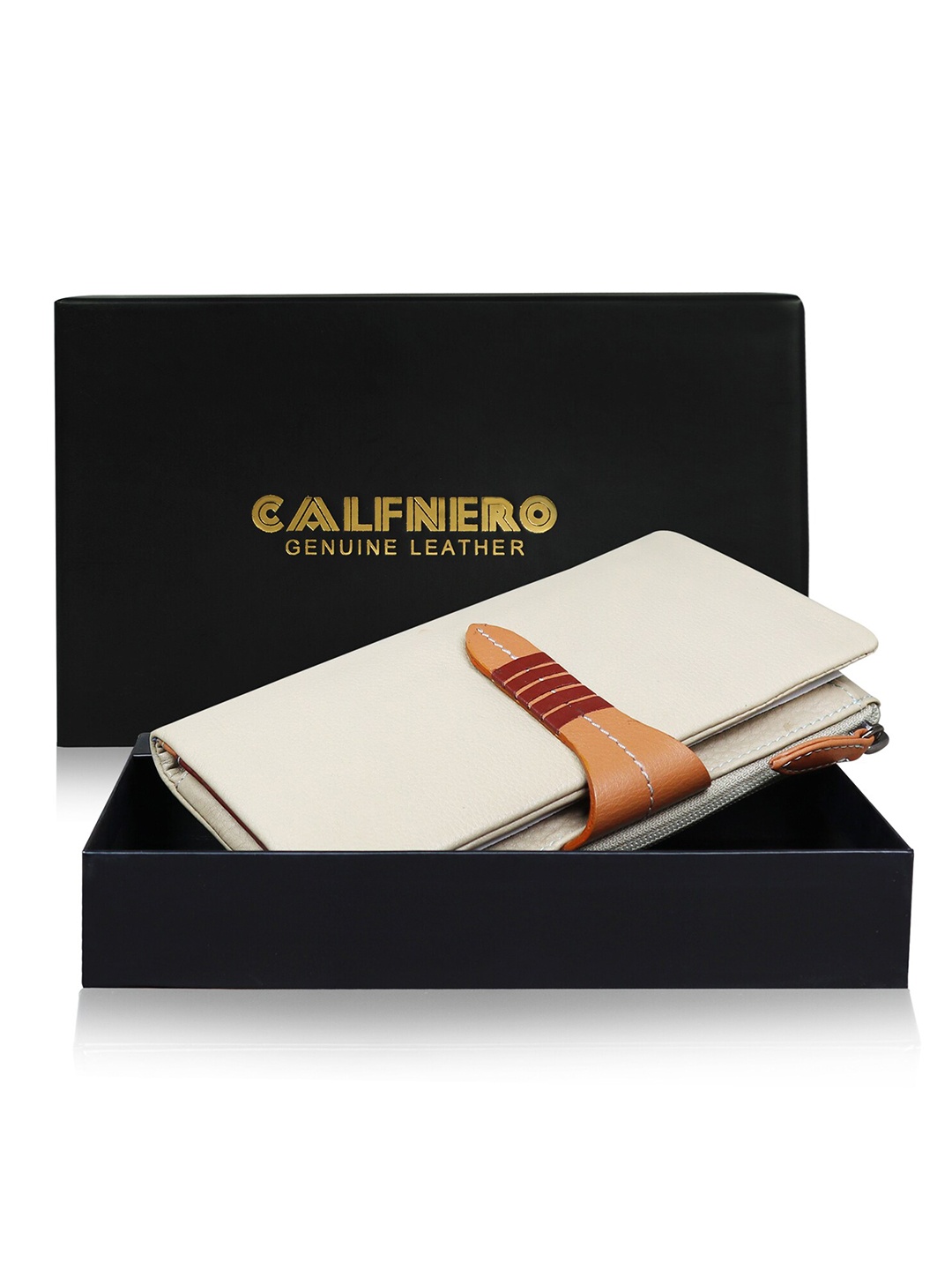

CALFNERO Women Genuine Leather Two Fold Wallet, Beige