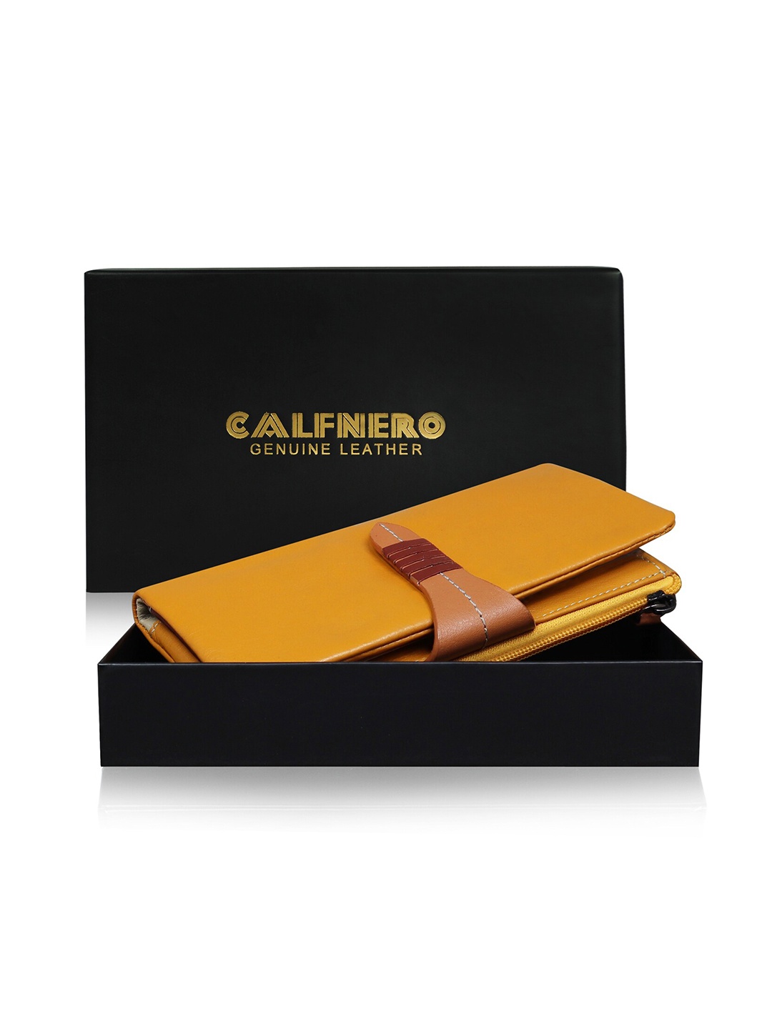 

CALFNERO Women Genuine Leather Two Fold Wallet with SD Card Holder, Yellow