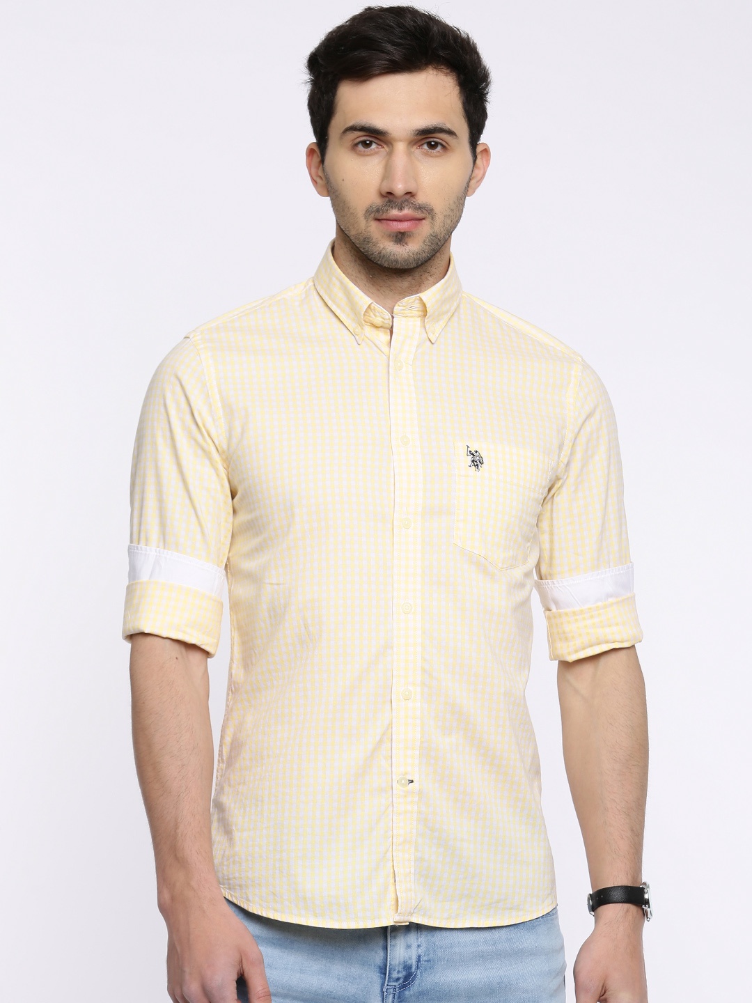 

U.S. Polo Assn. Men Yellow & White Tailored Fit Checked Casual Shirt