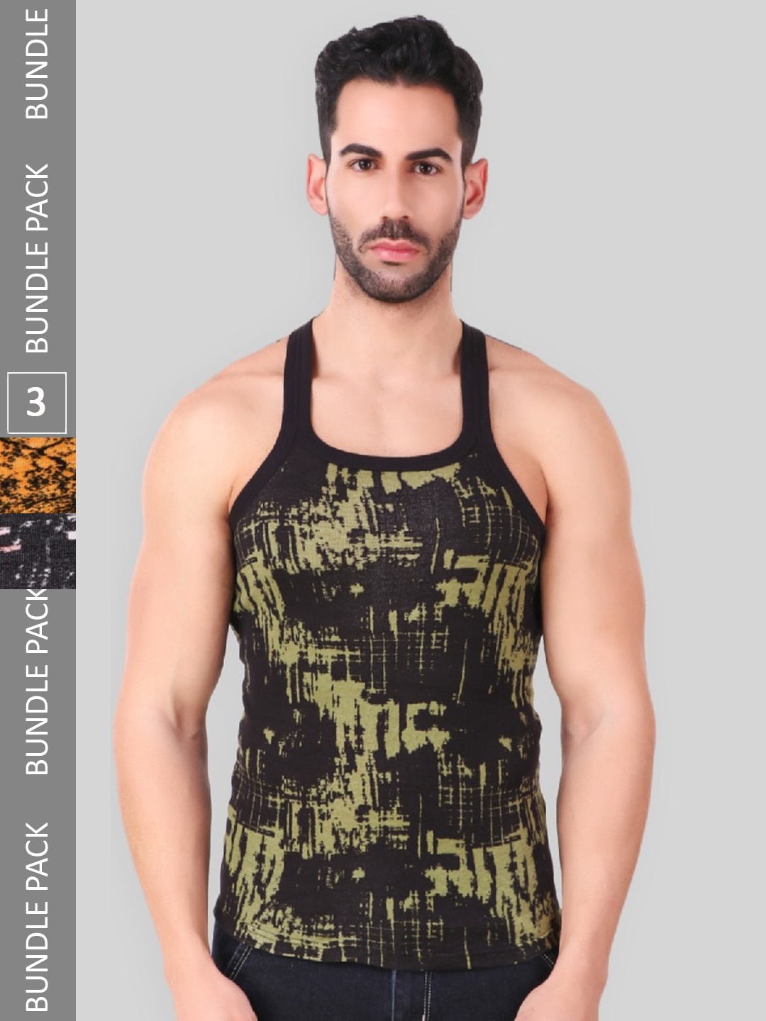 

HAP Men Pack Of 3 Printed Pure Cotton Gym Vests, Black