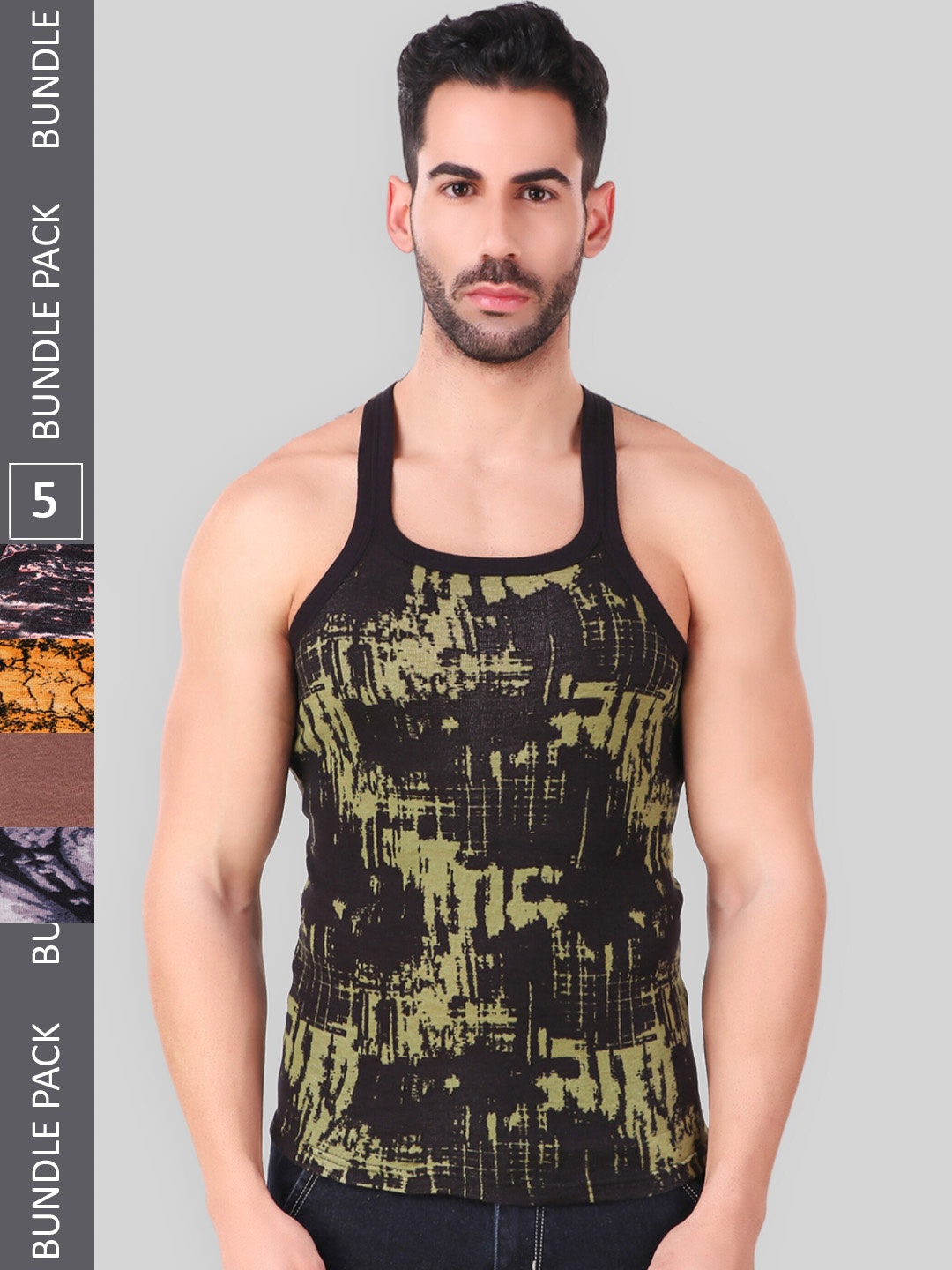 

HAP Men Pack Of 5 Printed Pure Cotton Gym Vests, Green