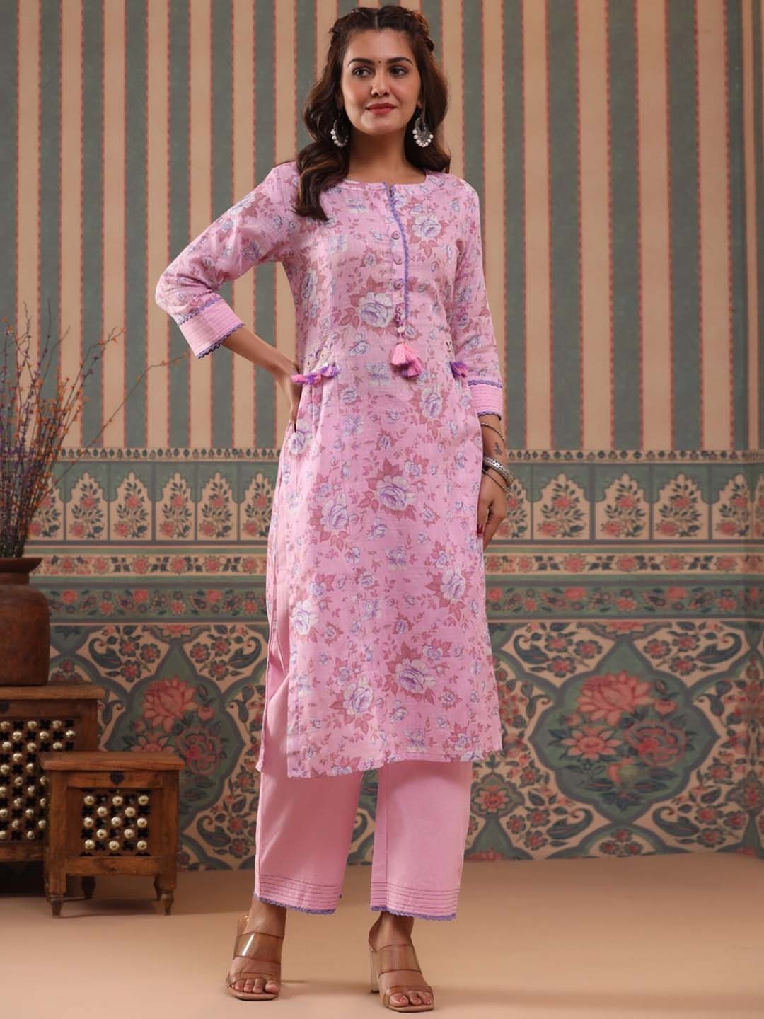 

EtnicaWear Notch Neck Floral Printed Linen Straight Kurta With Trousers, Pink