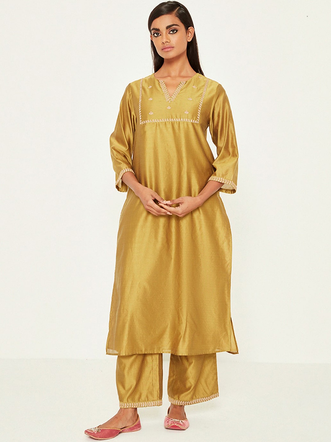 

Ancestry Thread Work Chanderi Silk A-Line Straight Kurta, Mustard