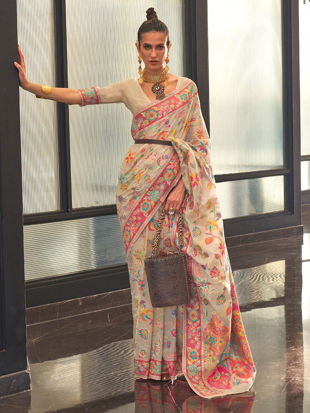 

Mitera Floral Printed Saree, Cream