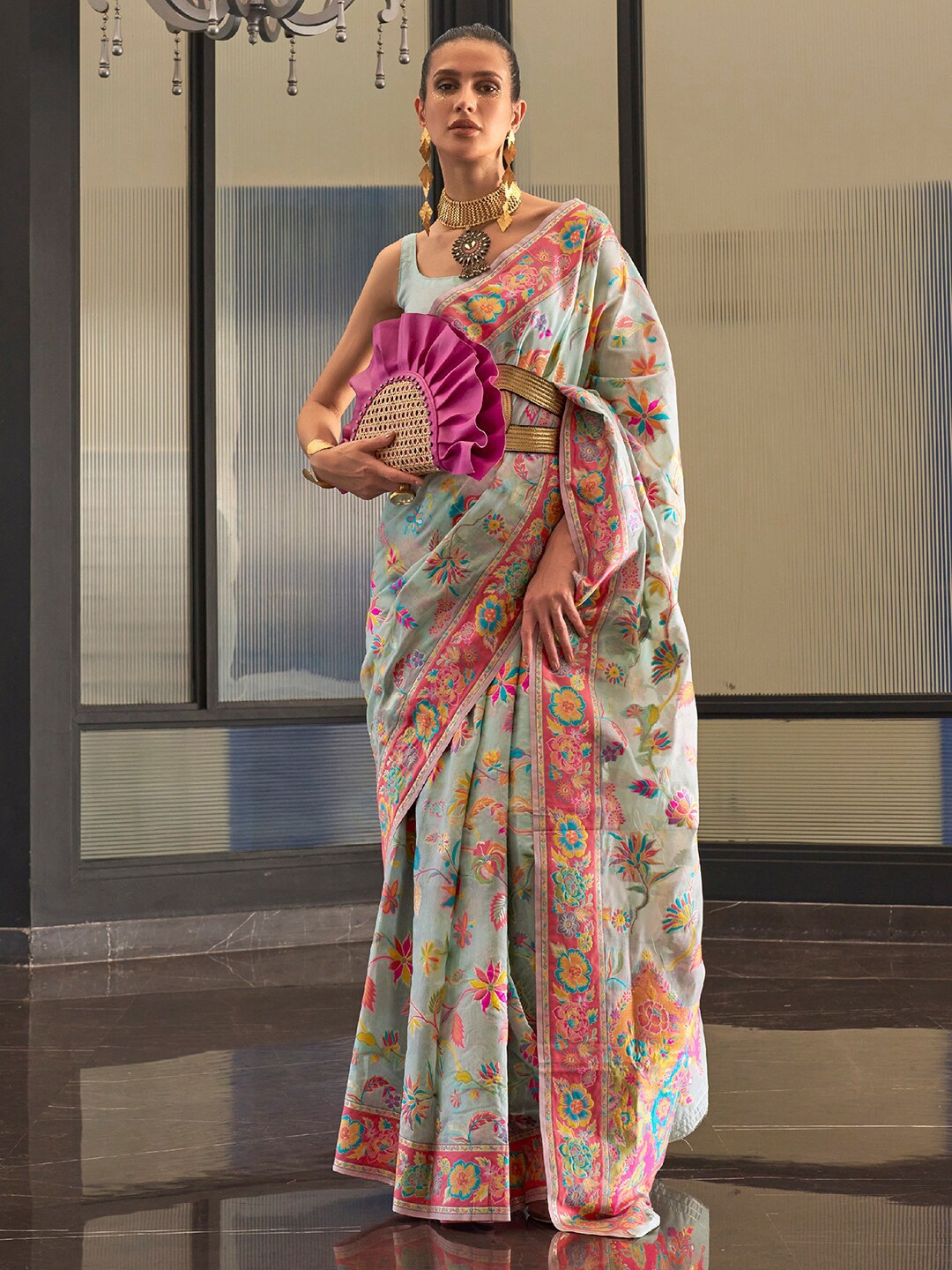 

Mitera Floral Motif Woven Design Banarasi Saree, Blue