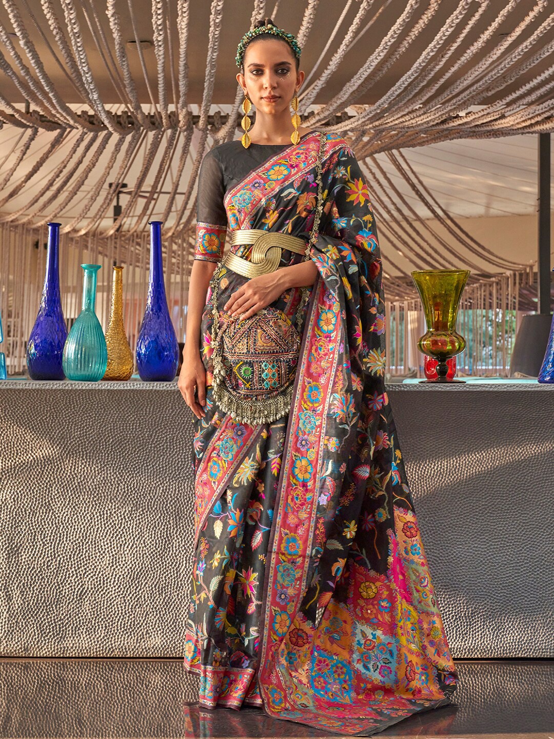 

Mitera Floral Woven Design Silk Blend Saree, Black