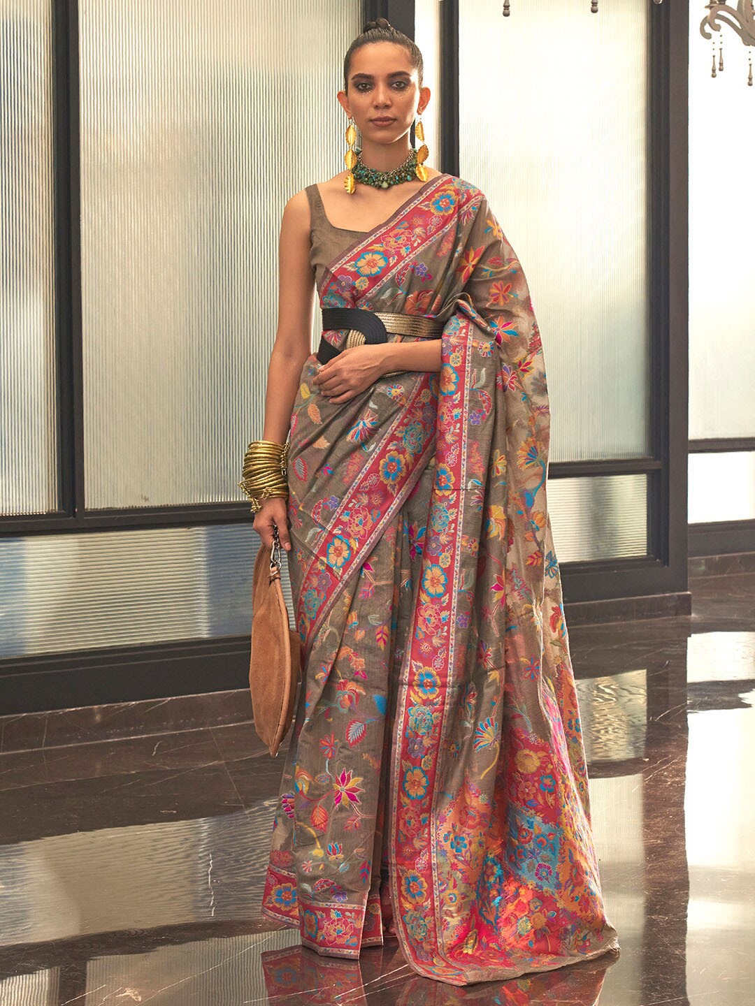 

Mitera Floral Woven Design Banarasi Saree, Grey