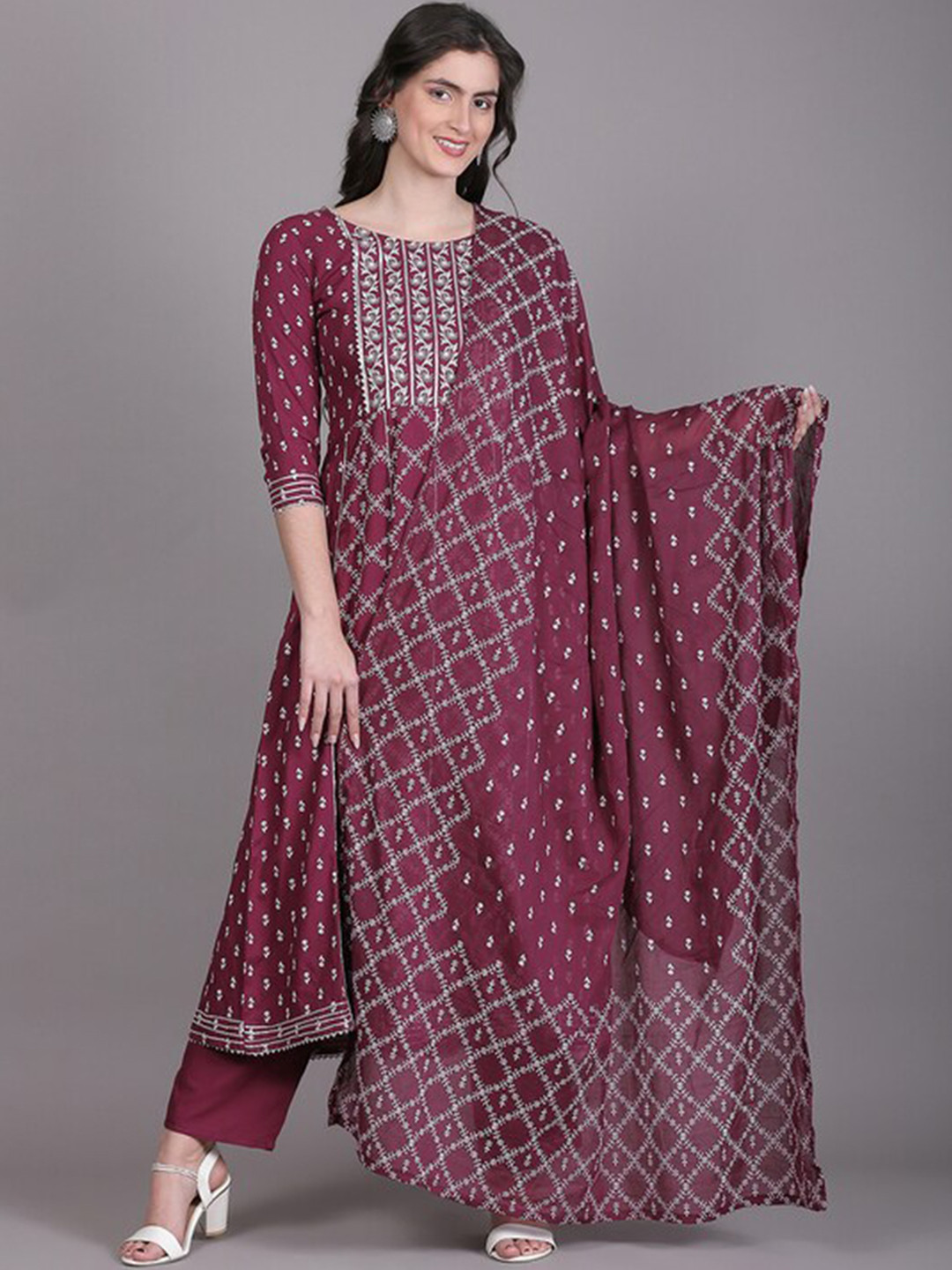

TOULIN Boat Neck Floral Printed Gotta Patti Anarkali Kurta With Palazzos & Dupatta, Magenta