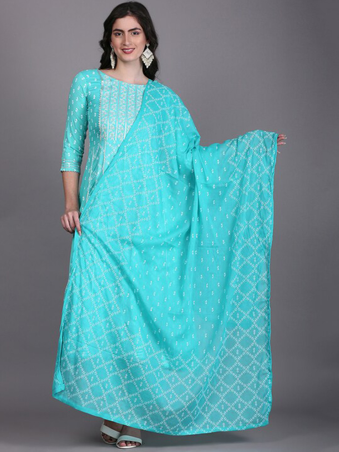 

TOULIN Boat Neck Floral Printed Gotta Patti Anarkali Kurta With Palazzos & Dupatta, Sea green