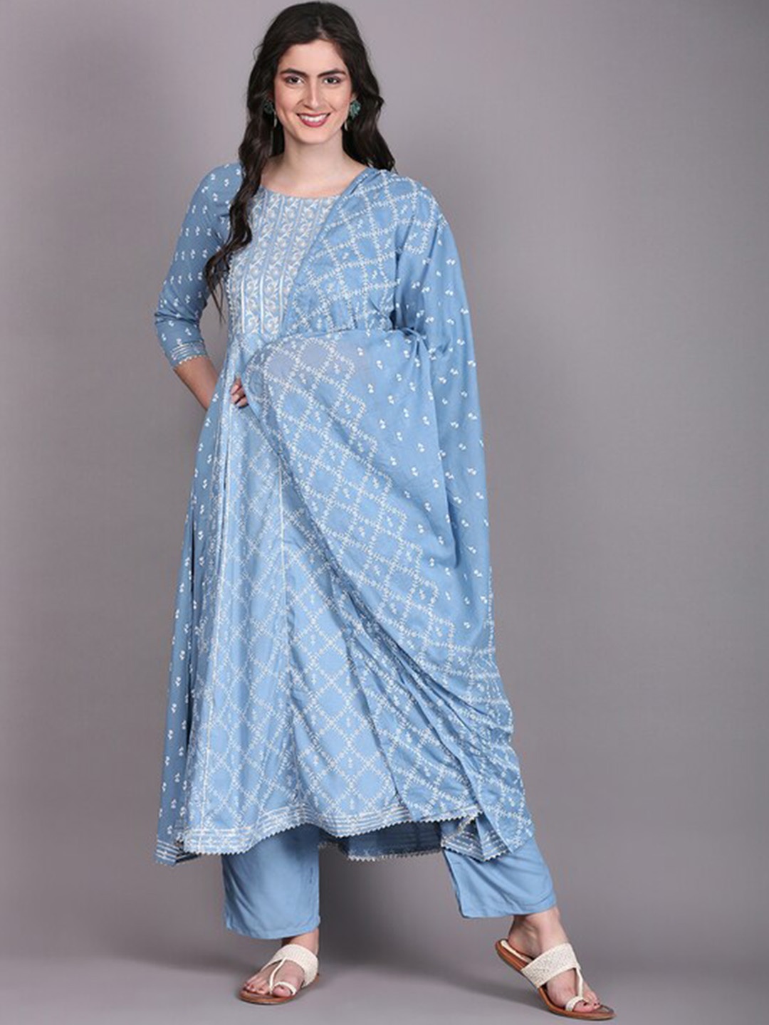 

TOULIN Boat Neck Floral Printed Anarkali Kurta With Palazzos & Dupatta, Blue