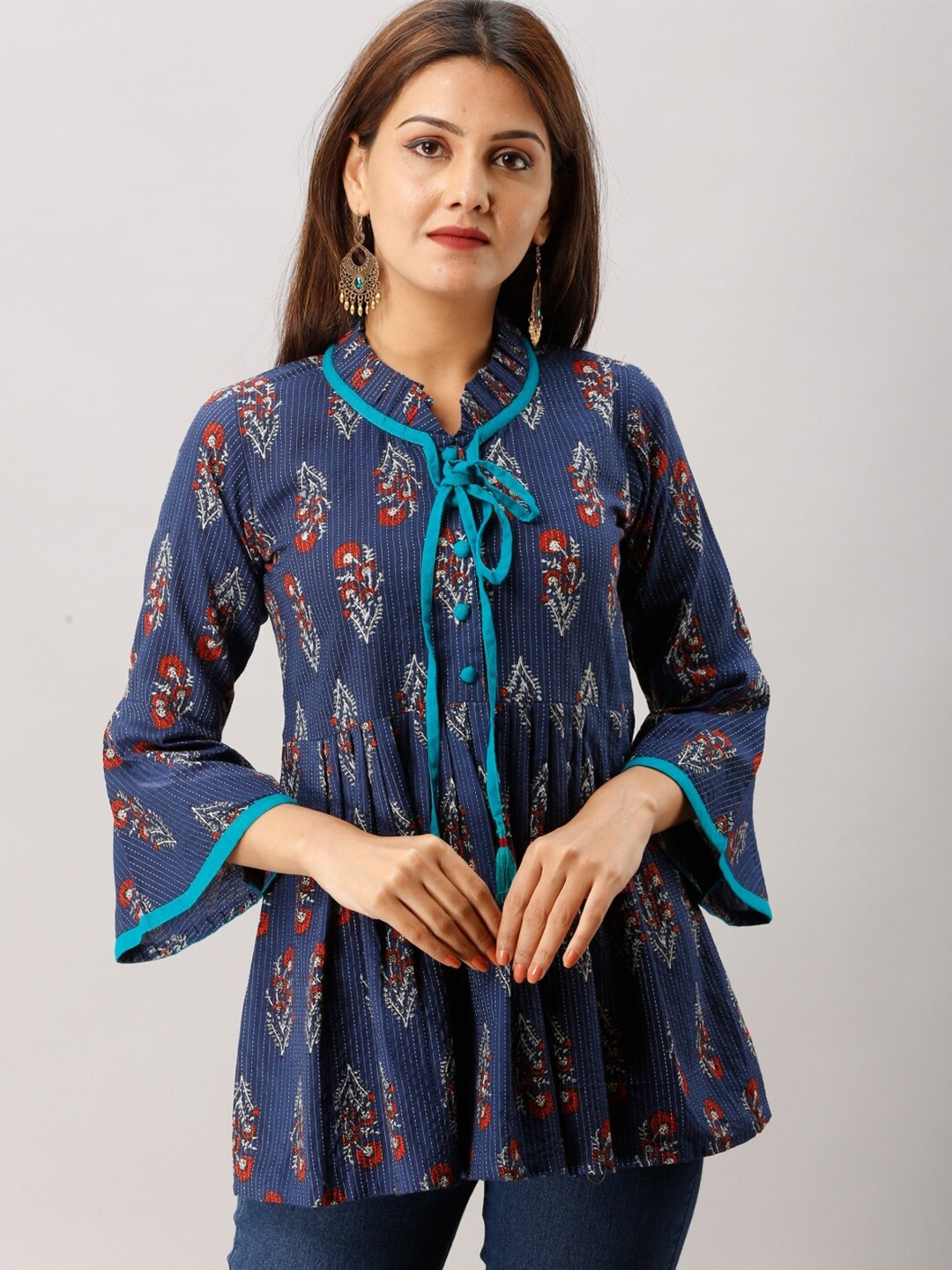 

KALINI Floral Printed Tie-Up Neck Cotton Top, Blue