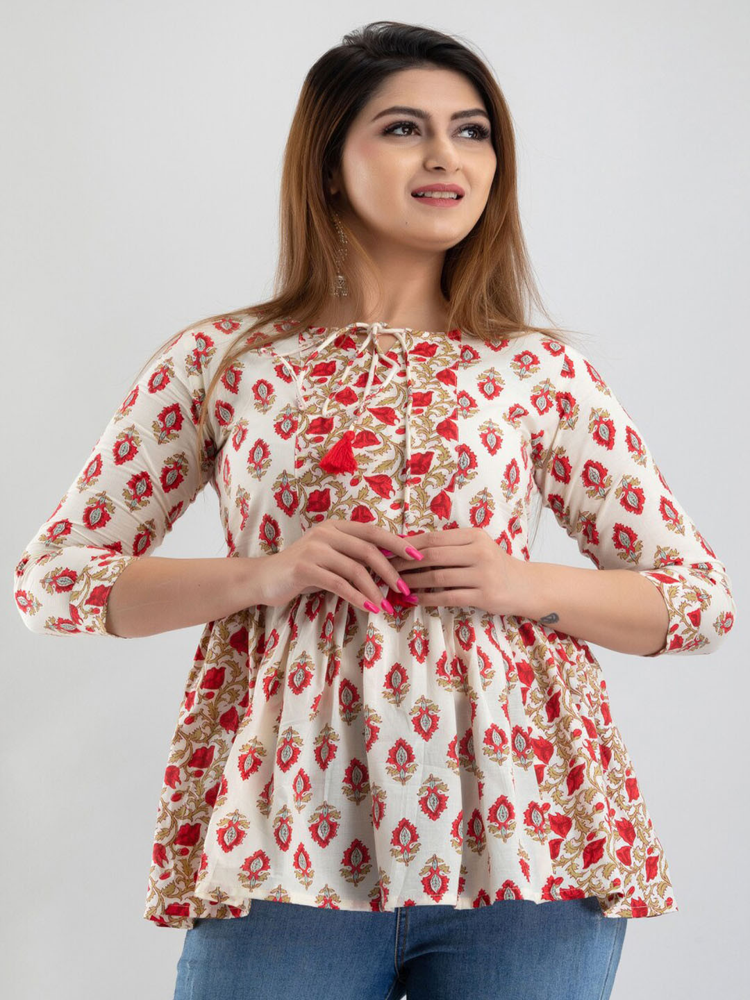 

KALINI Floral Printed Peplum Pure Cotton Top, White