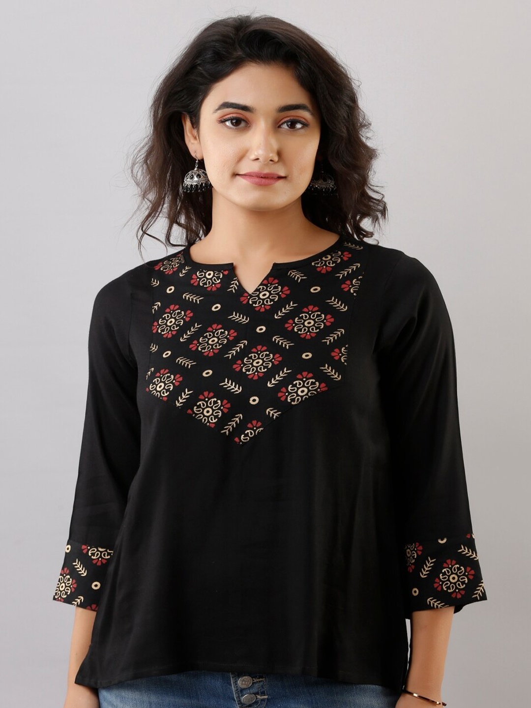 

KALINI Ethnic Motifs Printed A-Line Top, Black