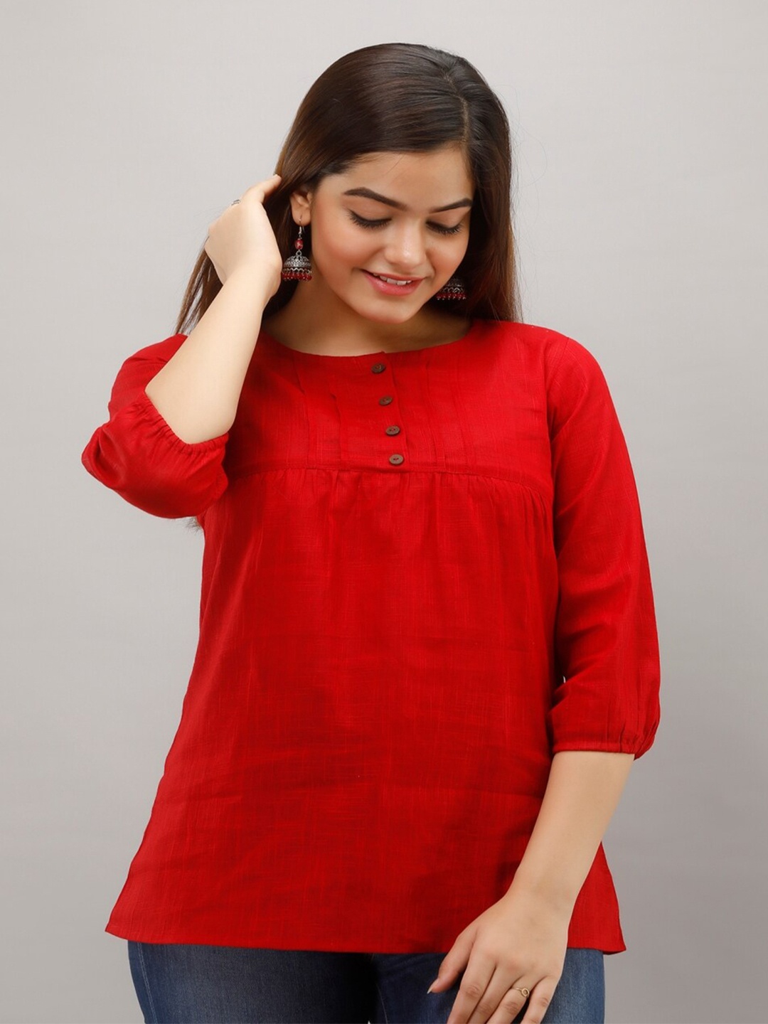 

KALINI Puff Sleeves Pleated Empire Top, Red