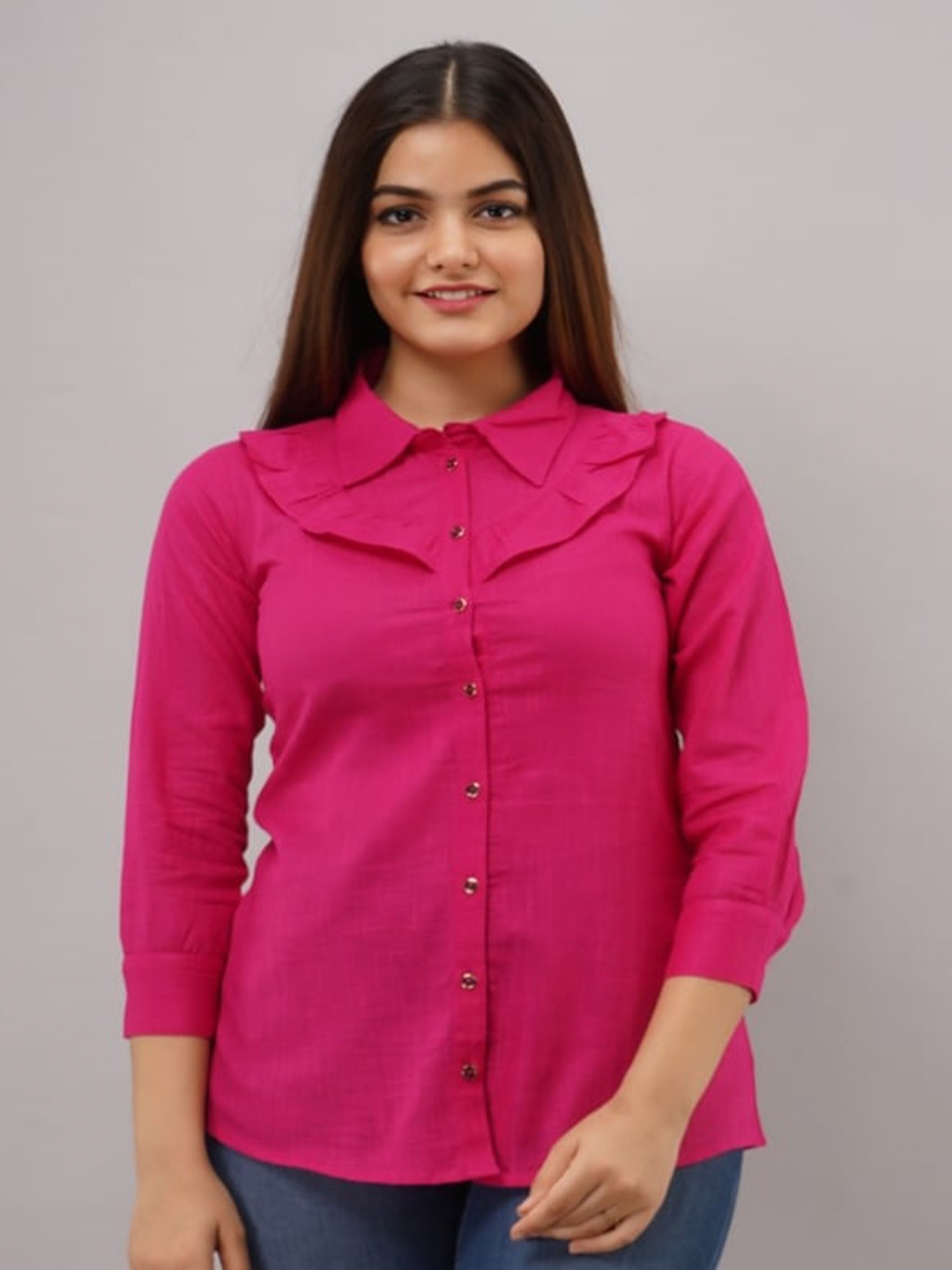 

KALINI Ruffled Detail Pure Cotton Shirt Style Top, Pink
