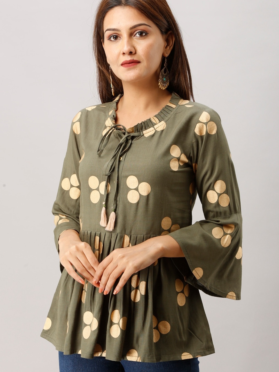 

KALINI Geometric Printed Tie-Up Neck Top, Green