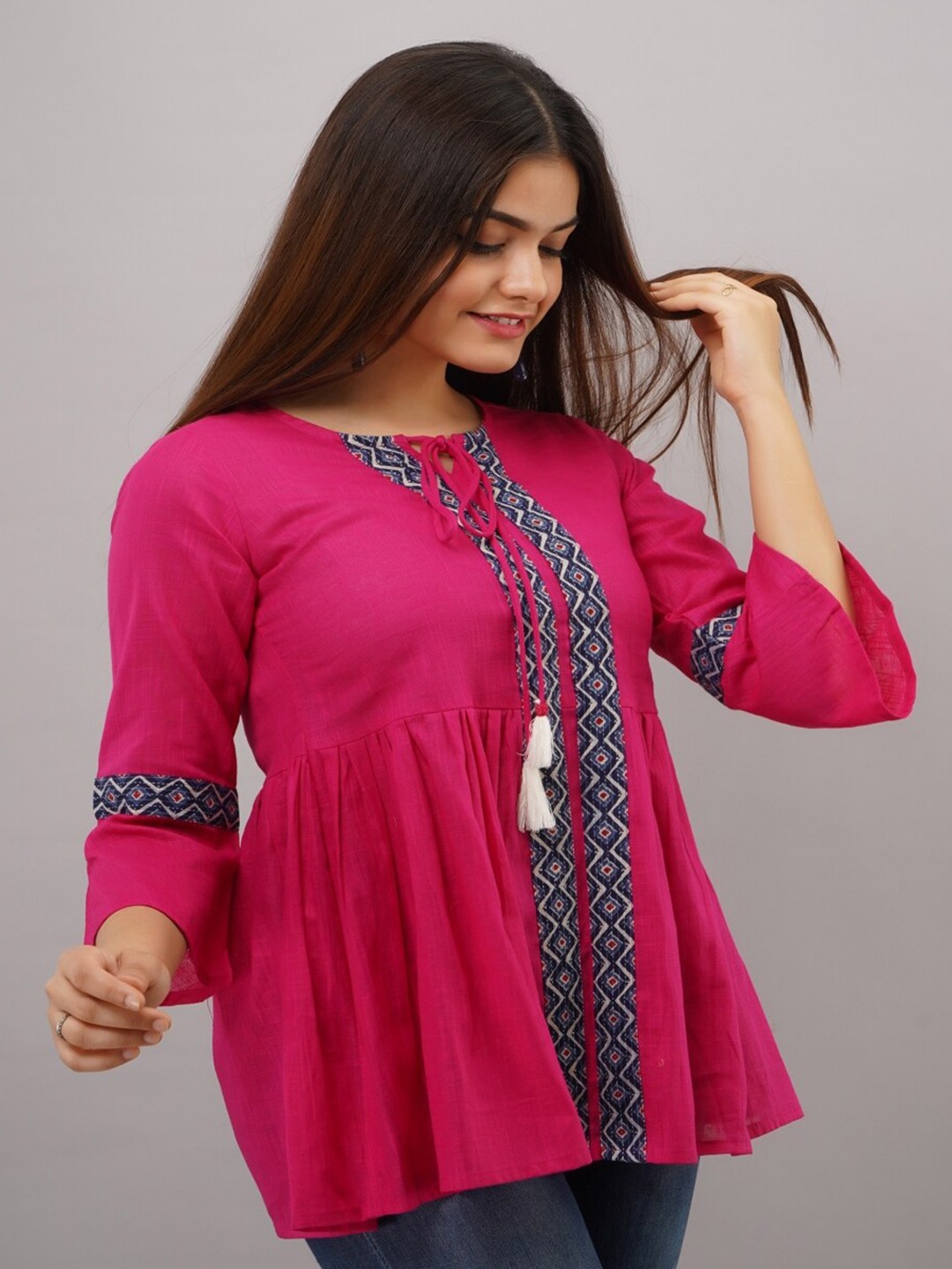 

KALINI Tie-Up Neck Katha Print A-Line Top, Pink