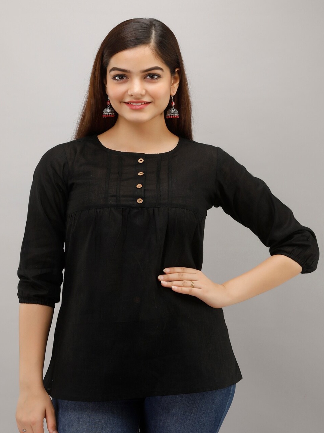 

KALINI Puff Sleeves Pleated Empire Top, Black