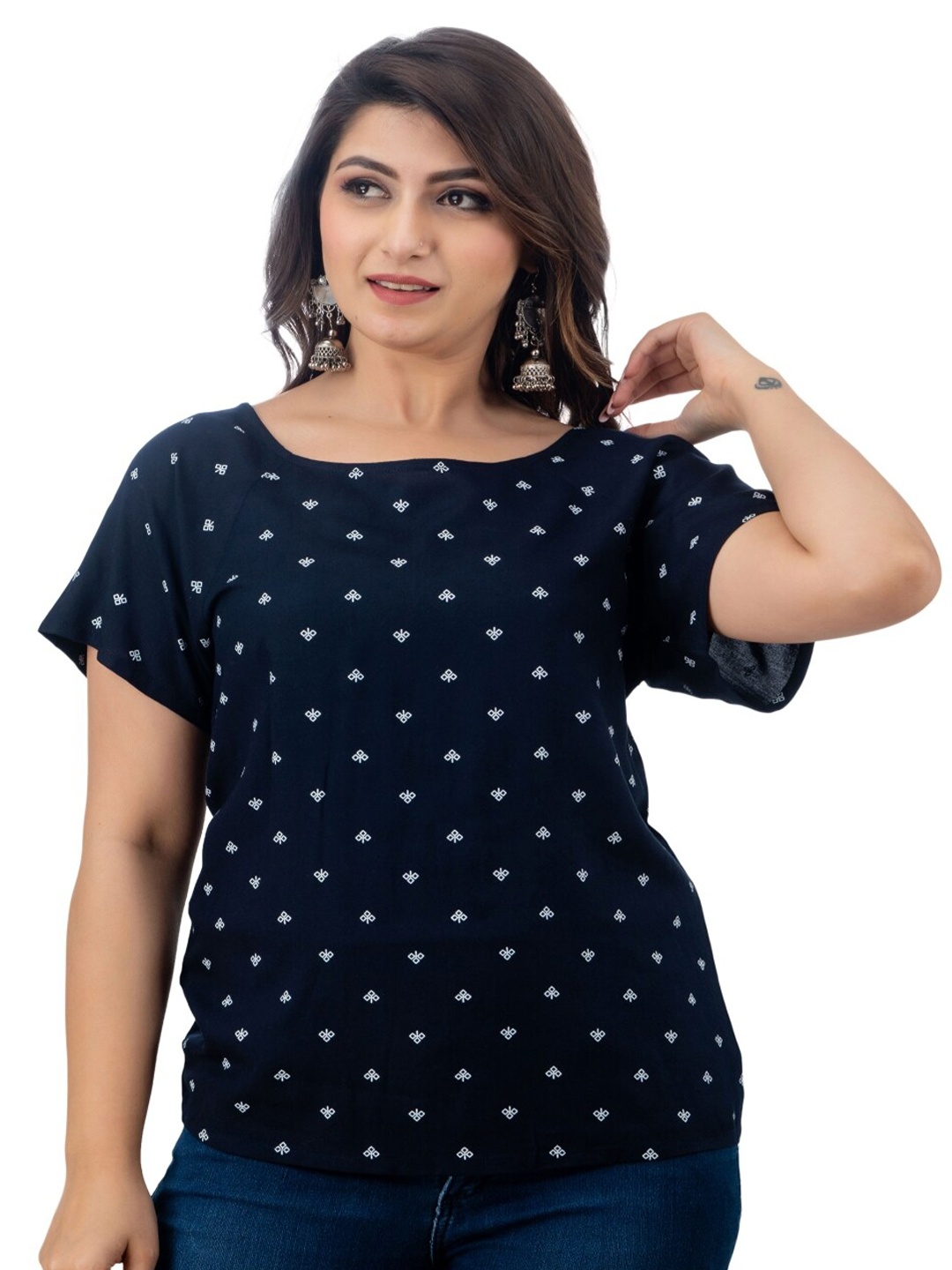 

KALINI Geometric Printed Raglan Sleeves Top, Navy blue