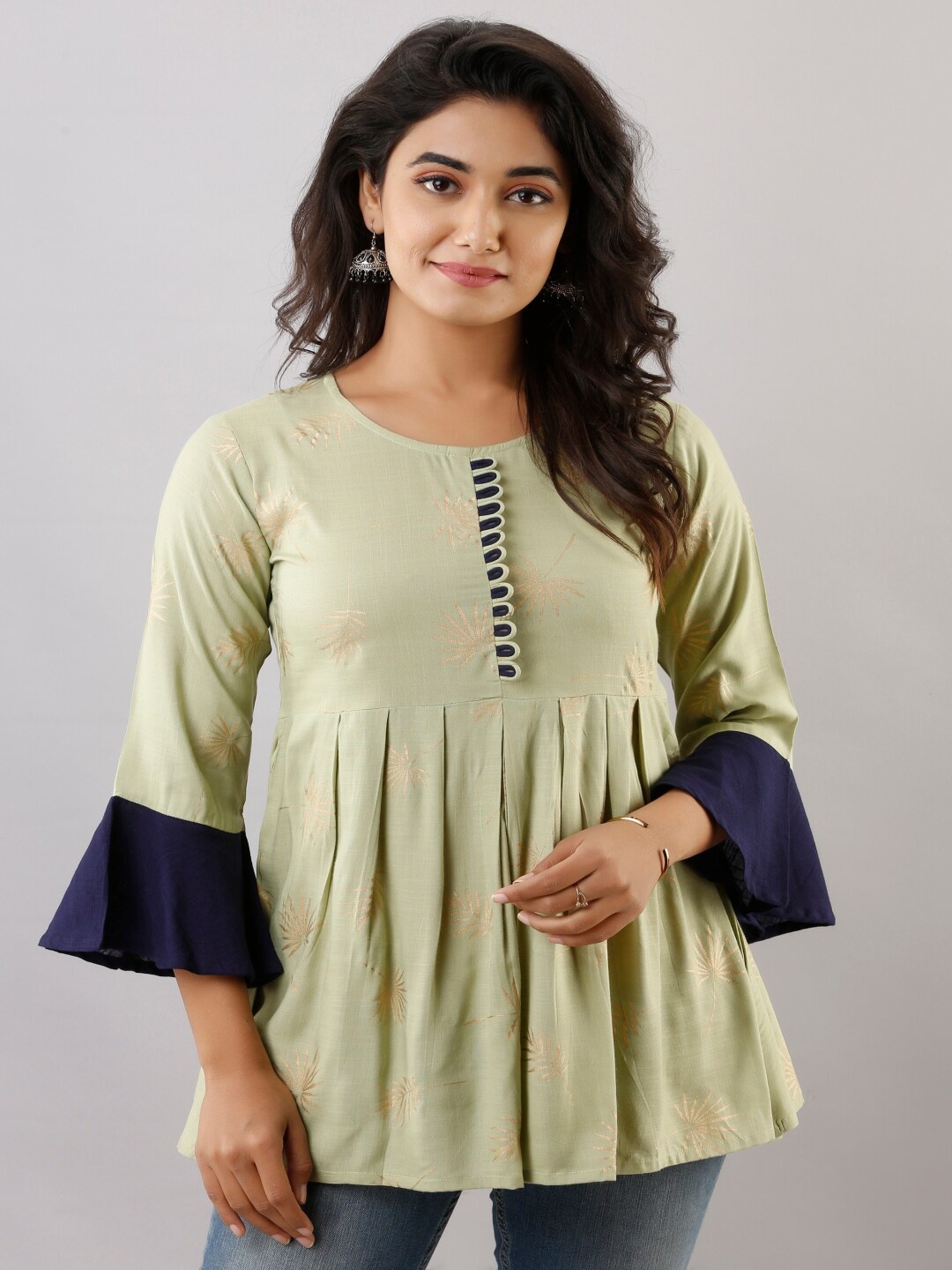 

KALINI Round Neck Bell Sleeves Top, Olive