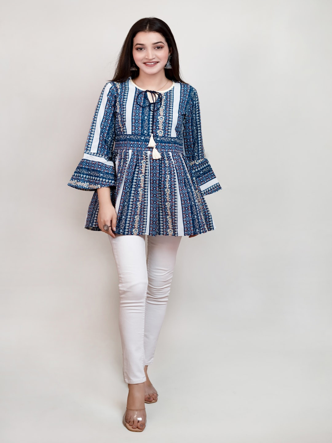

KALINI Ethnic Motif Printed Tie-Up Neck Cotton Tunic, Navy blue