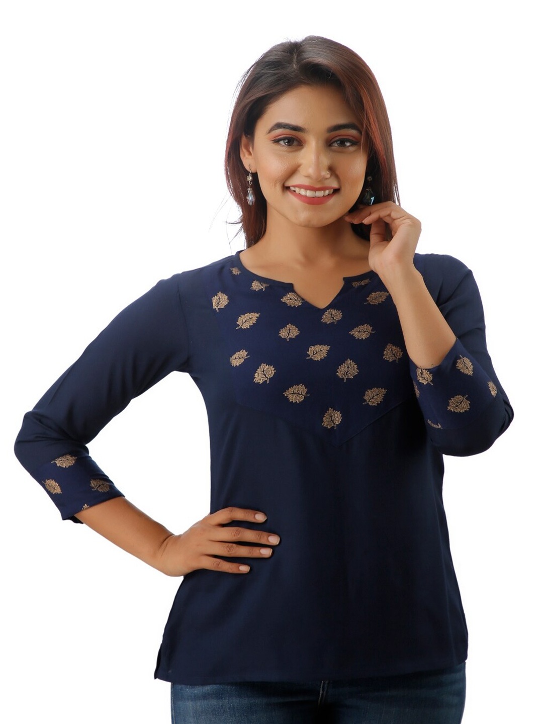 

KALINI Floral Printed Notched Neck Tunic, Blue