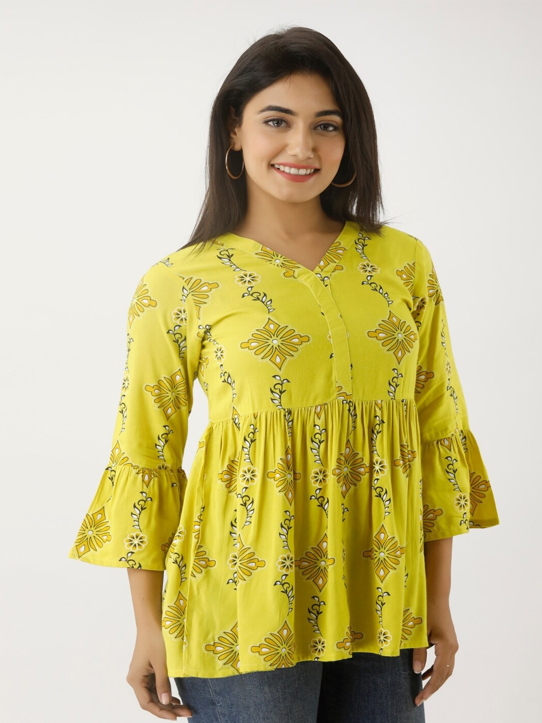 

KALINI Ethnic Printed V-Neck Bell Sleeves Pleated A-Line Top, Mustard