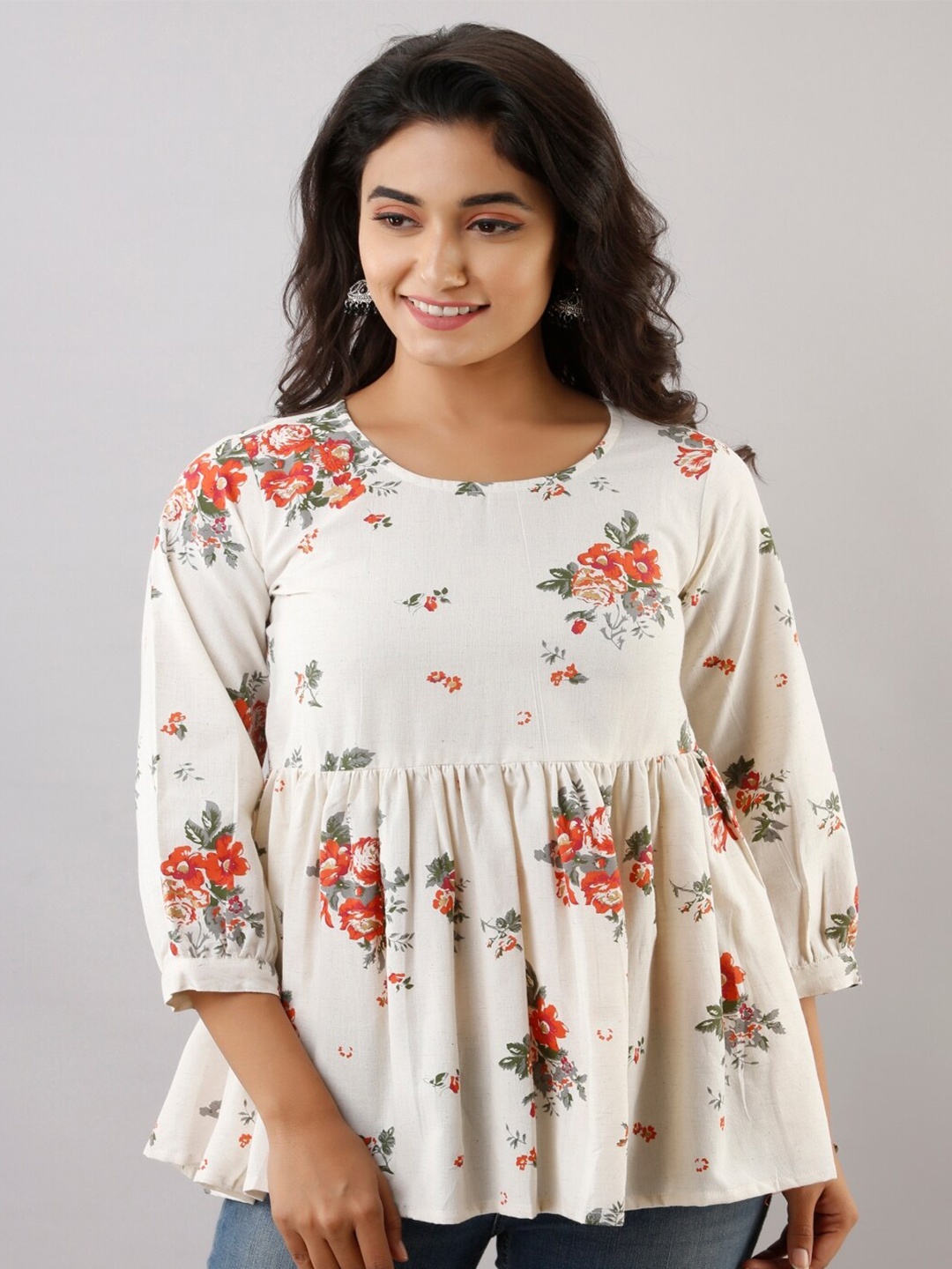 

KALINI Floral Print Pleated A-Line Top, Off white