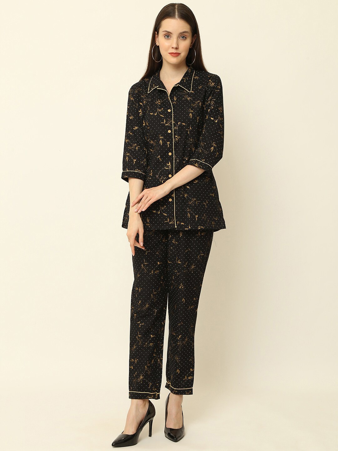 

Vastralay Women Floral Printed Pure Cotton Shirt with Pyjamas Night Suits, Black