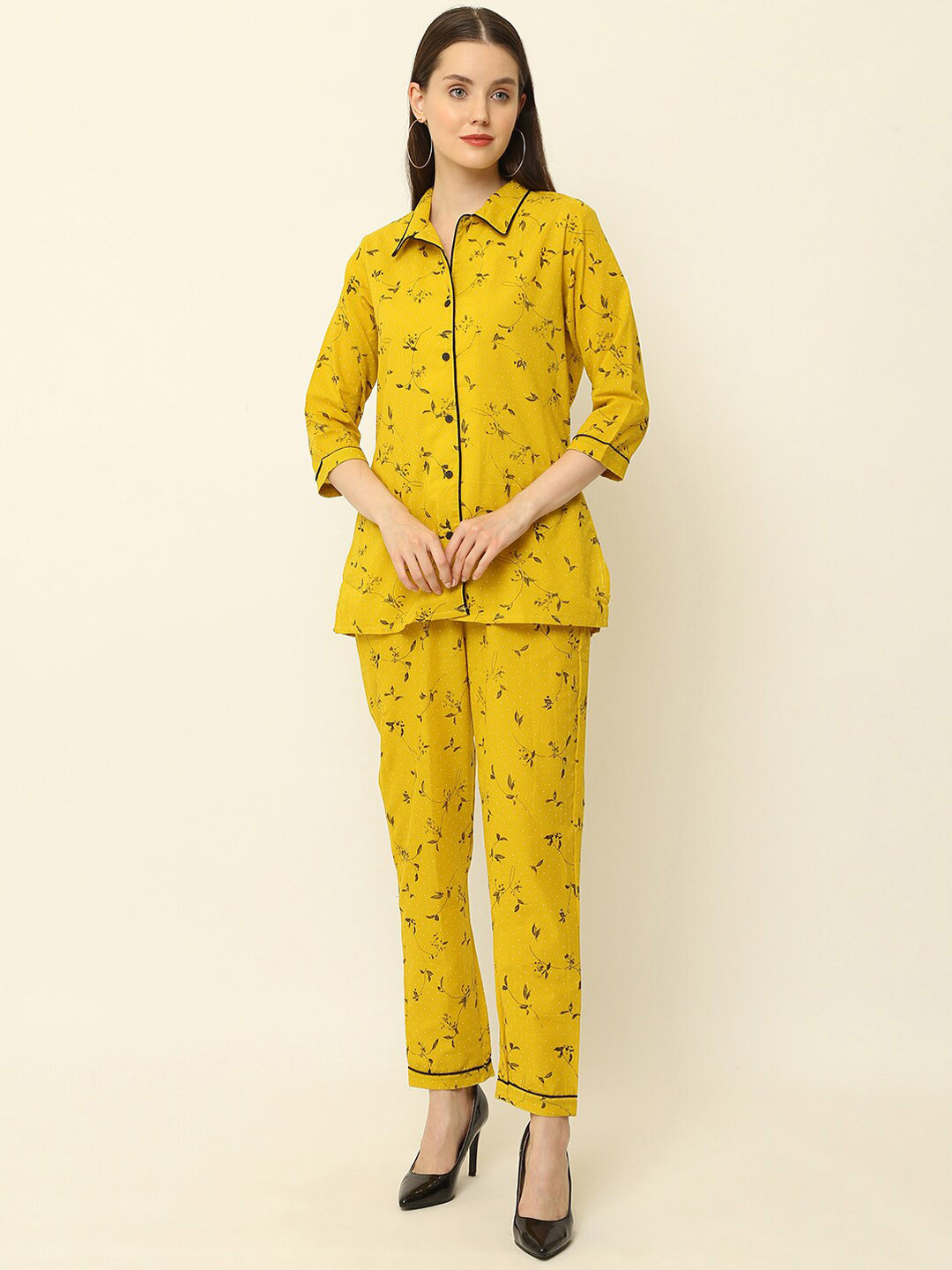 

Vastralay Women Floral Printed Pure Cotton Shirt with Pyjamas Night Suits, Yellow