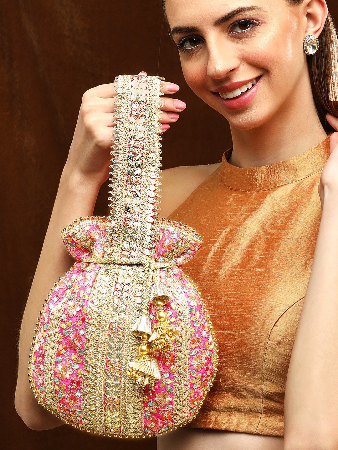 

Rubans Floral Embroidered Potli Bag with Golden Beaded Tassels and Detailed Handwork, Pink