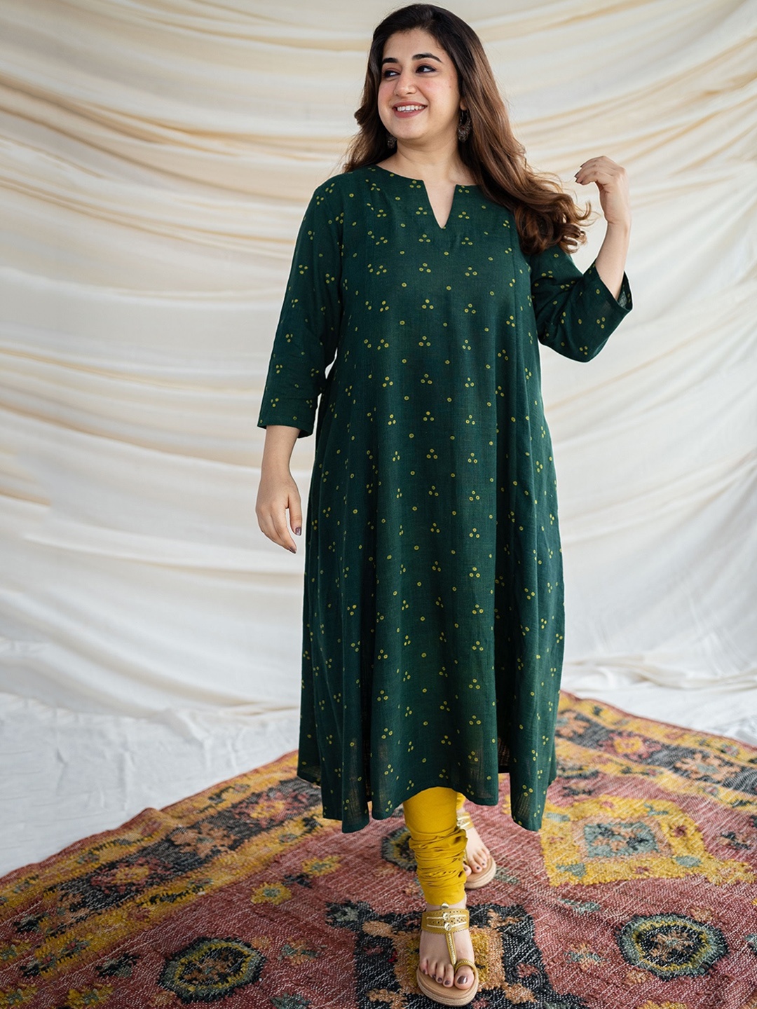 

THE INDIAN ETHNIC CO Ethnic Motifs Printed Block Print Pure Cotton Kurta, Green