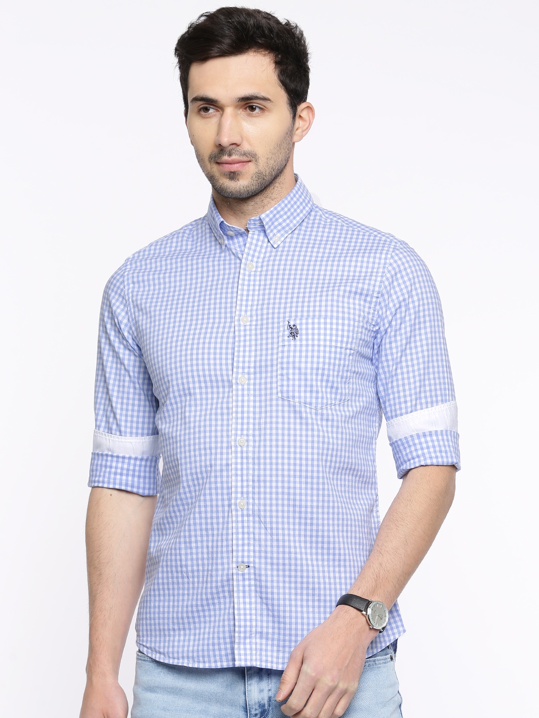 

U.S. Polo Assn. Men Blue & White Tailored Fit Checked Casual Shirt
