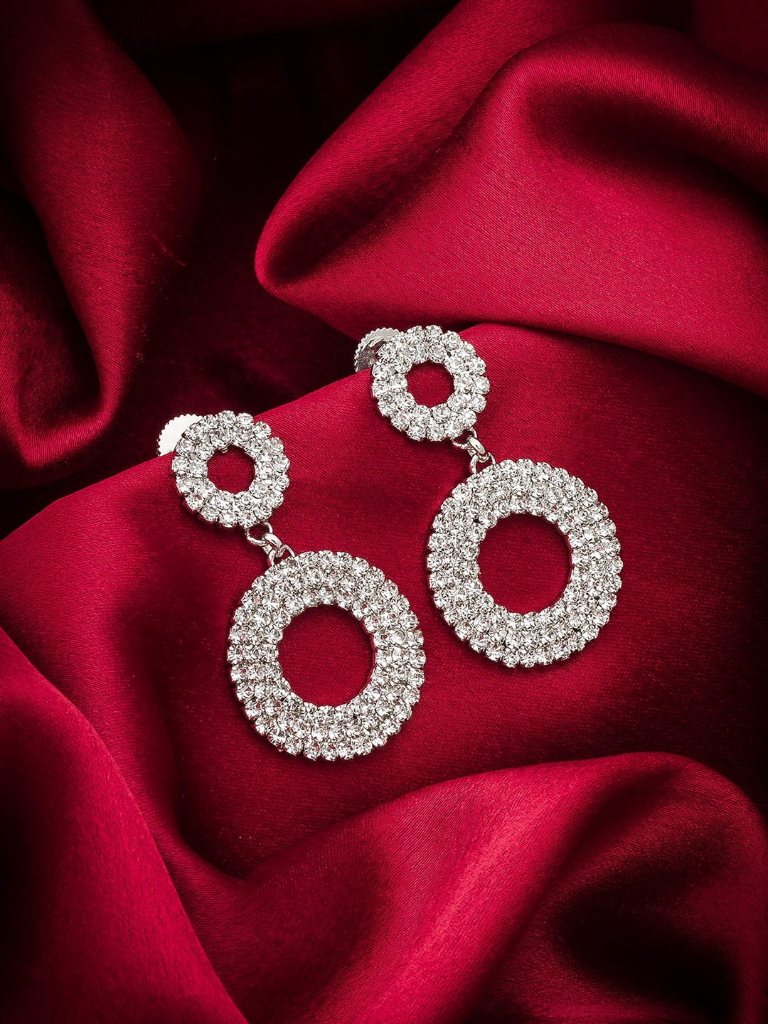 

aadita Silver-Plated AD-Studded Circular Drop Earrings, White