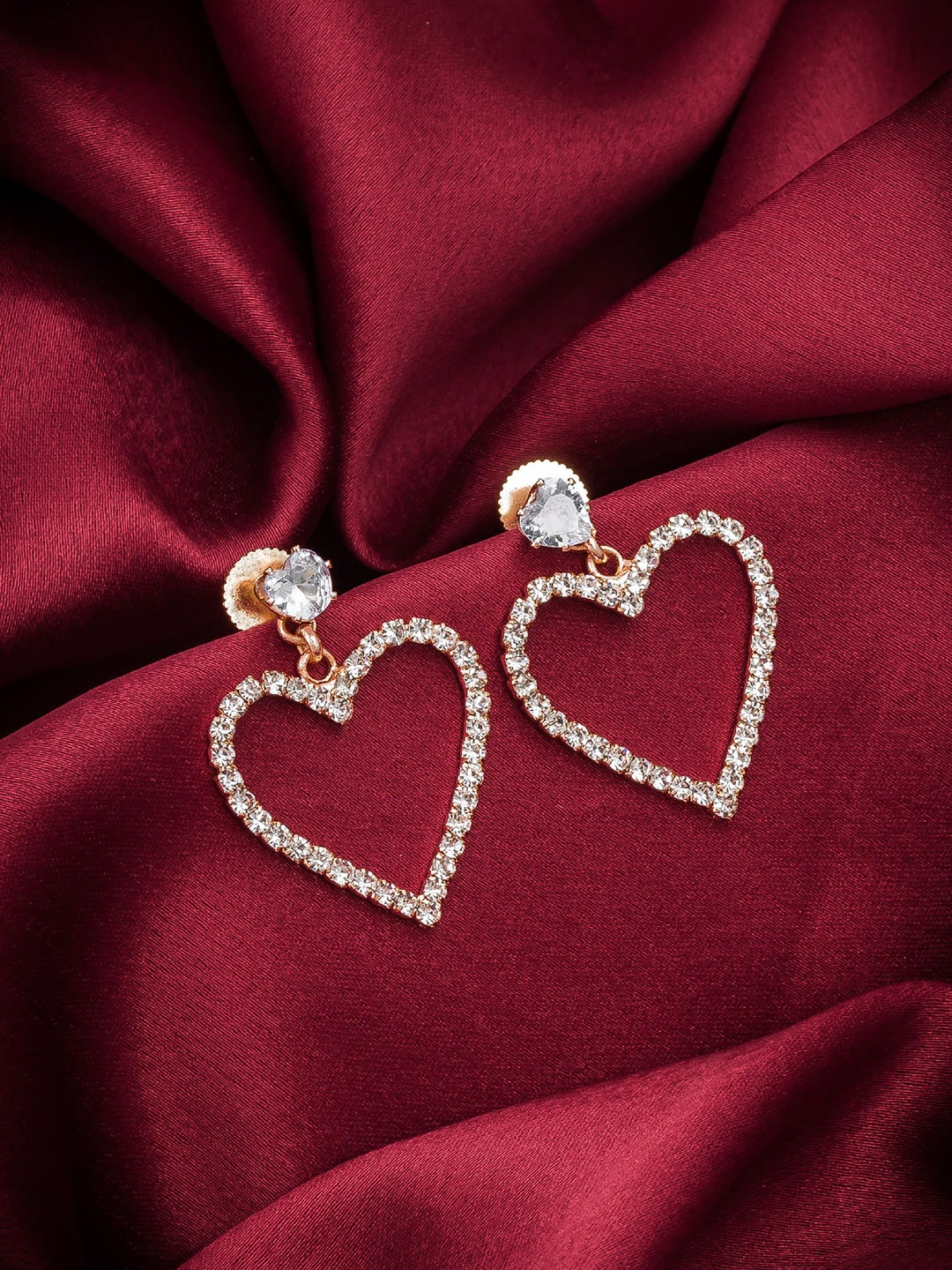

aadita Rose Gold-Plated AD-Studded Heart Shaped Drop Earrings, White