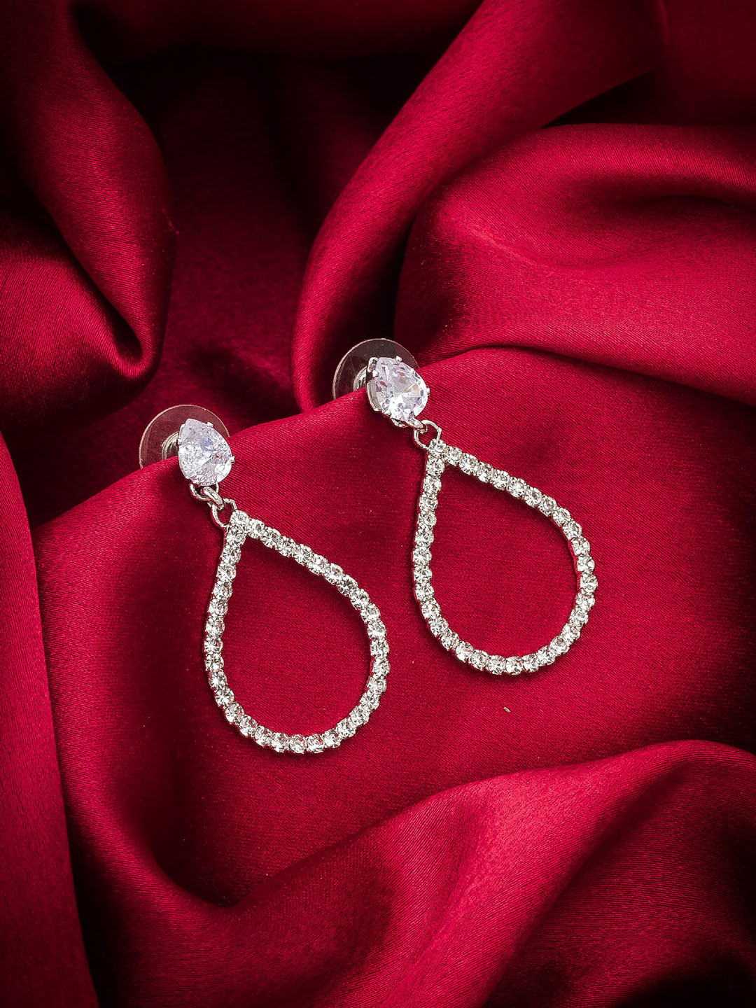 

aadita Silver-Plated AD Teardrop Shaped Drop Earrings