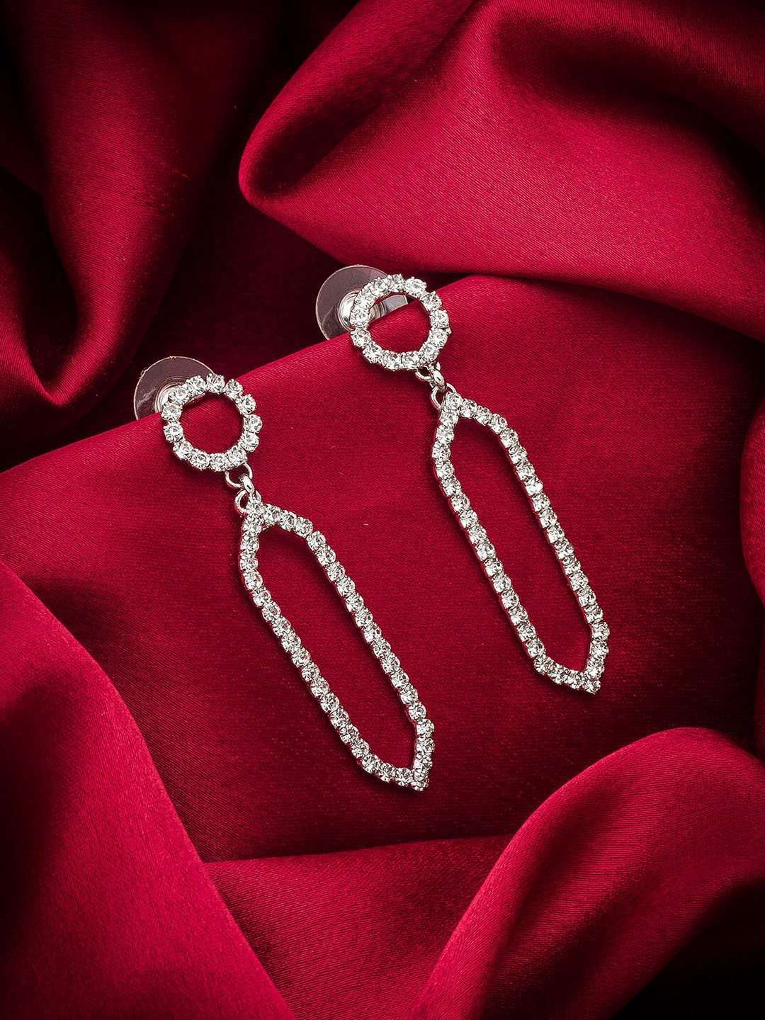 

aadita Silver-Plated Geometric Shaped AD Studded Drop Earrings, White